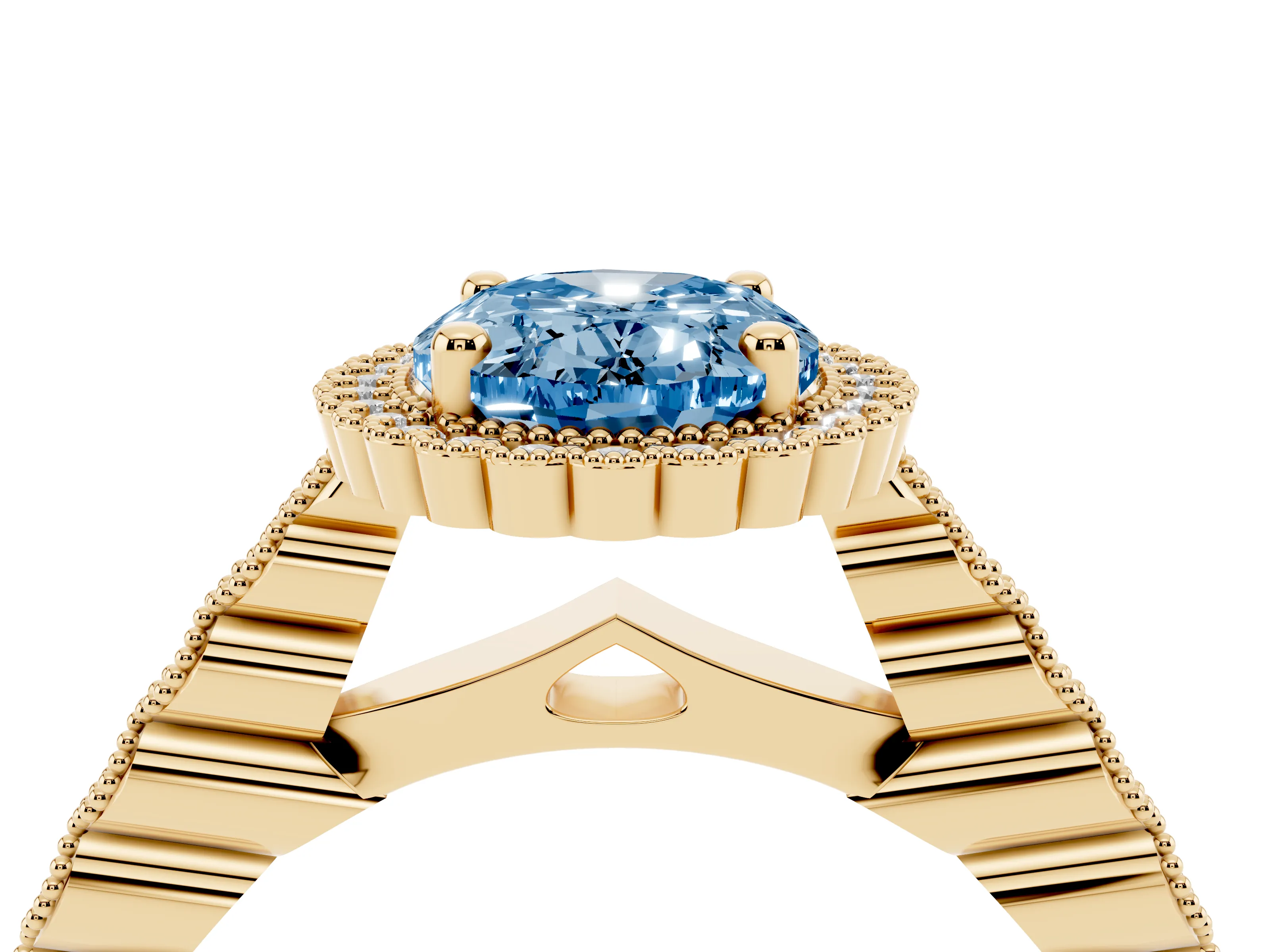 Fancy Blue Oval Cut Diamond Halo Ring Set in Yellow gold with Pavé Milgrain Band