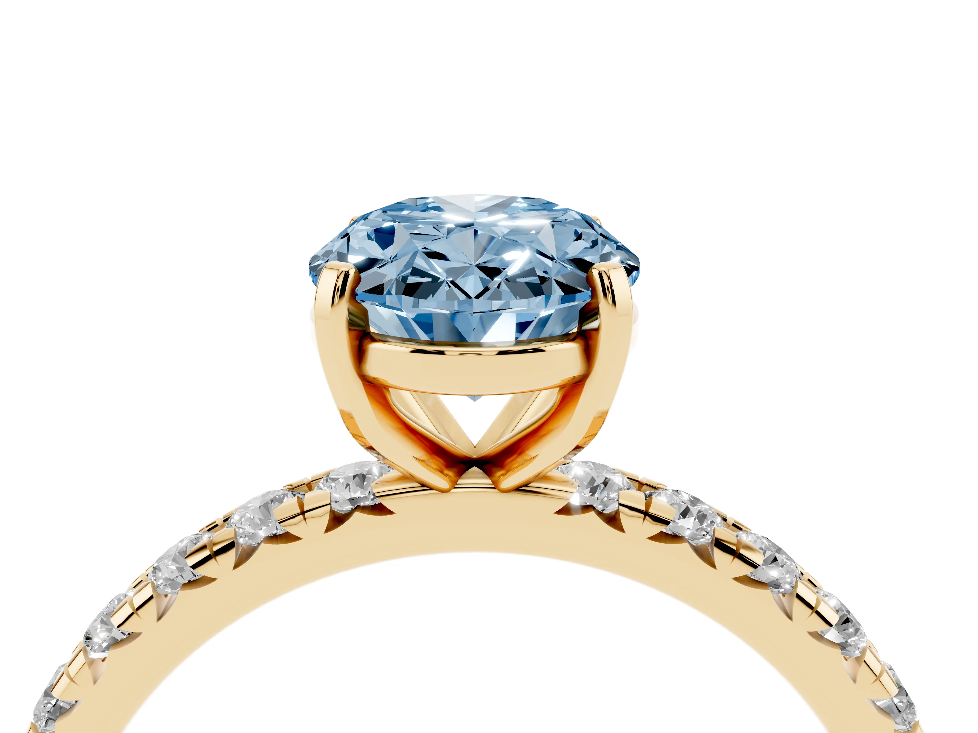 Fancy Blue Oval Cut Diamond Pavé Solitaire Ring Set in Yellow gold with Round Band and Prong Setting