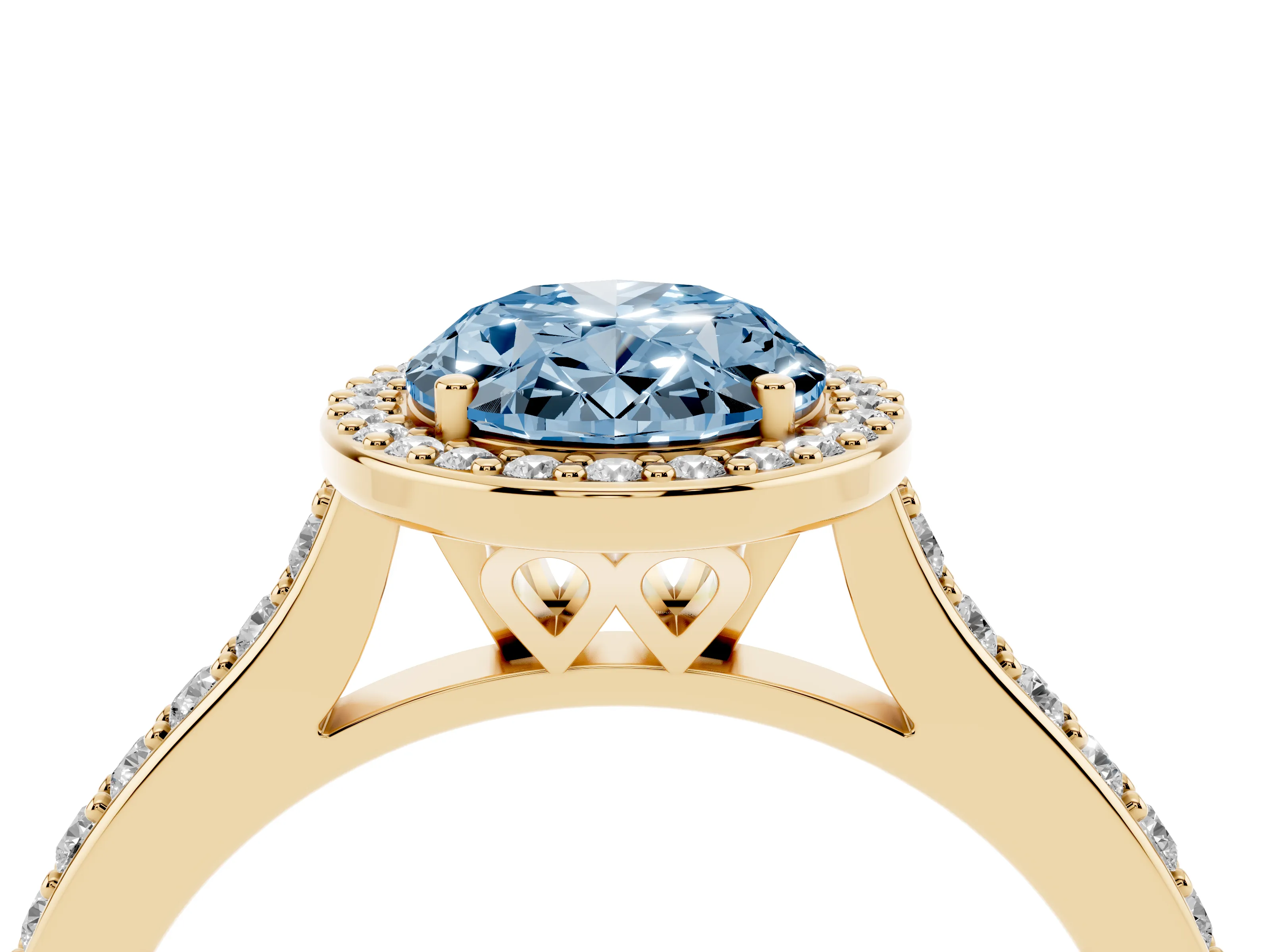 Fancy Blue Oval Cut Diamond Halo Engagement Ring Set in Yellow gold with Round Pavé Shoulders and Heart Gallery