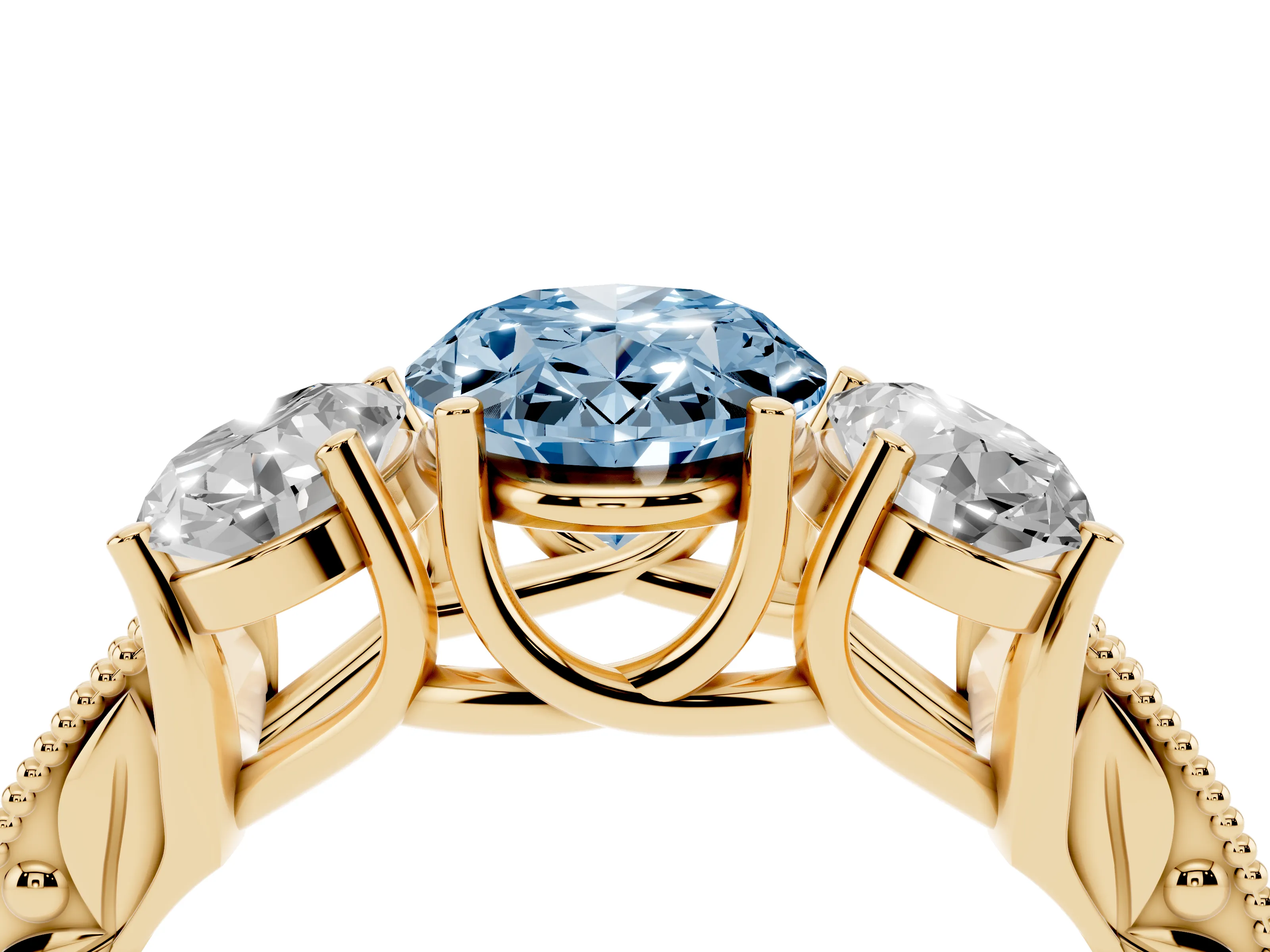 Fancy Blue Oval Cut Diamond Three-Stone Engagement Ring Set in Yellow gold with Milgrain Pavé Band