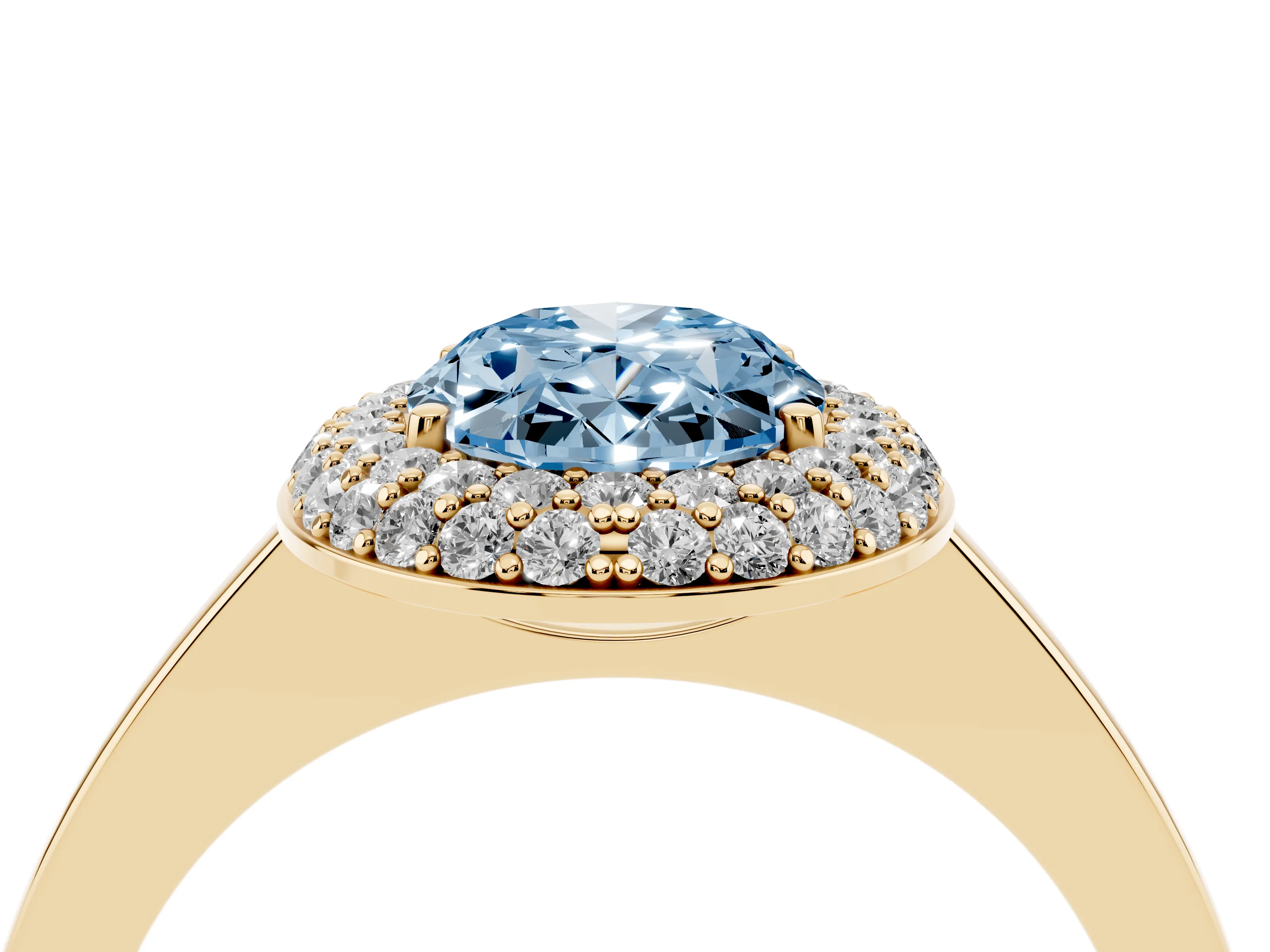 Fancy Blue Oval Cut Diamond Halo Engagement Ring Set in Yellow gold with Solitaire Band and Prong Setting