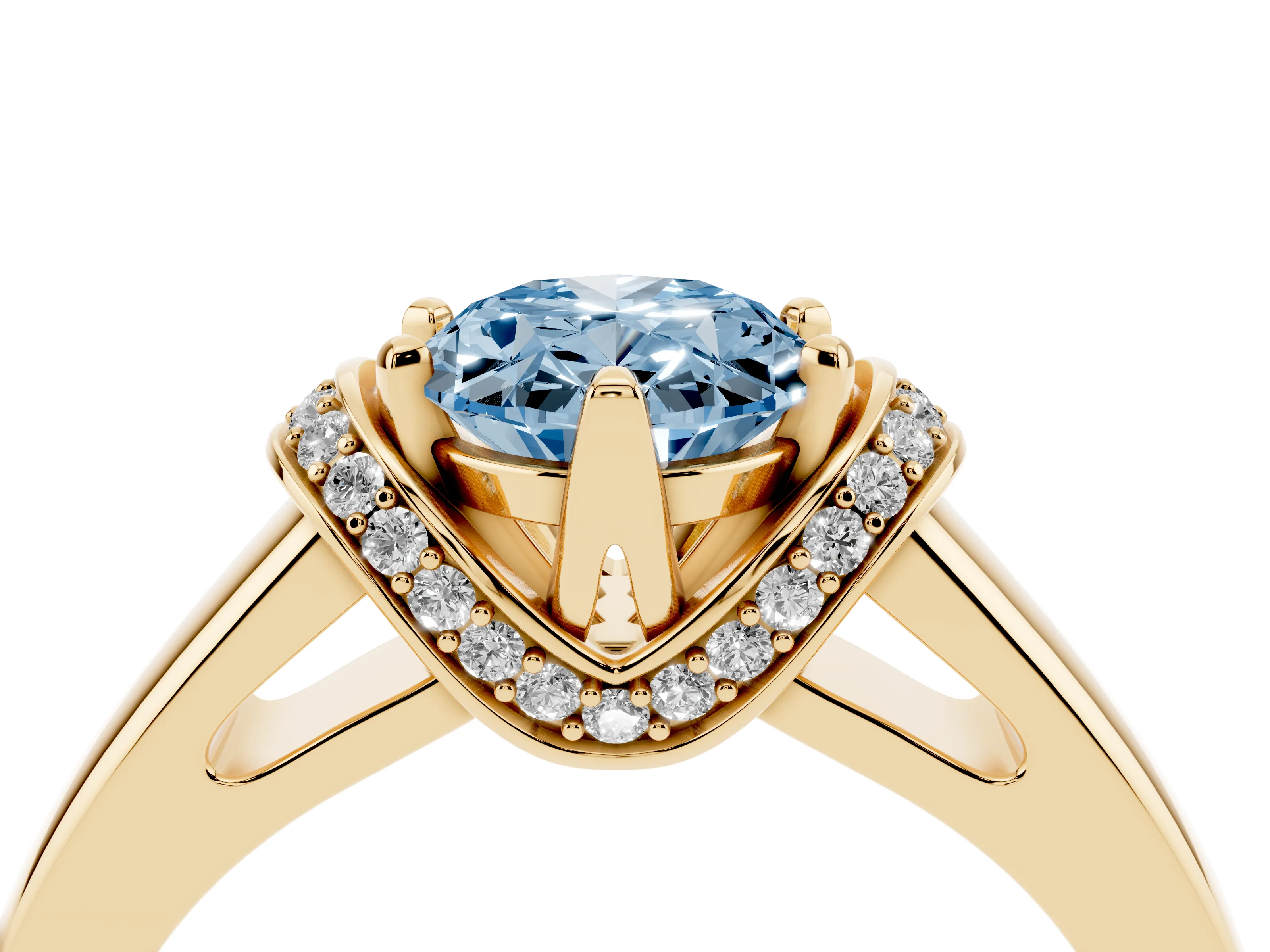 Fancy Blue Oval Cut Diamond Pavé Band Solitaire Ring Set in Yellow gold with Prong Setting