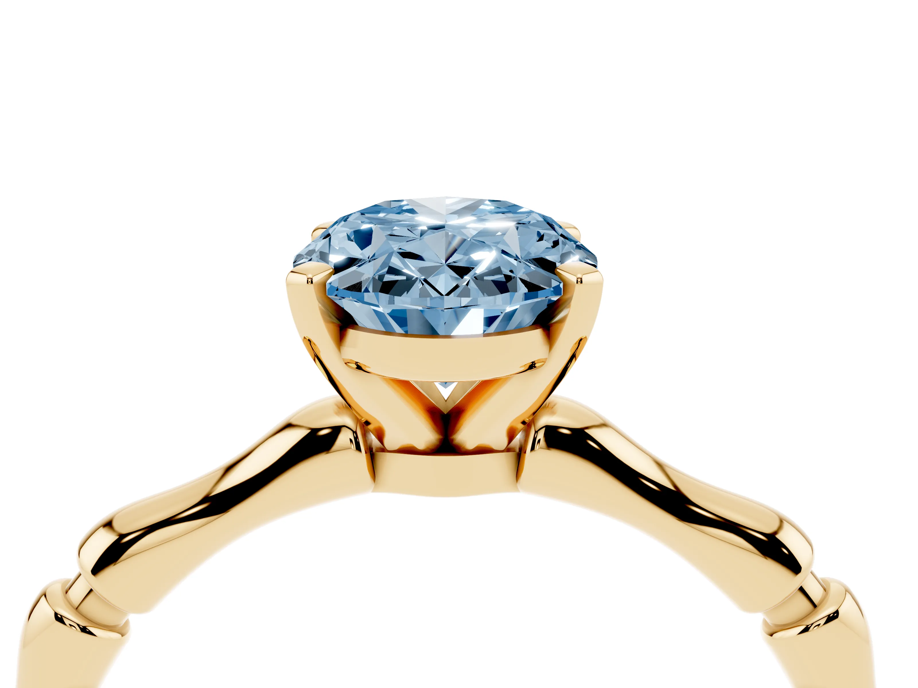 Fancy Blue Oval Cut Diamond Solitaire Ring Set in Yellow gold with Bamboo Band and Prong Setting