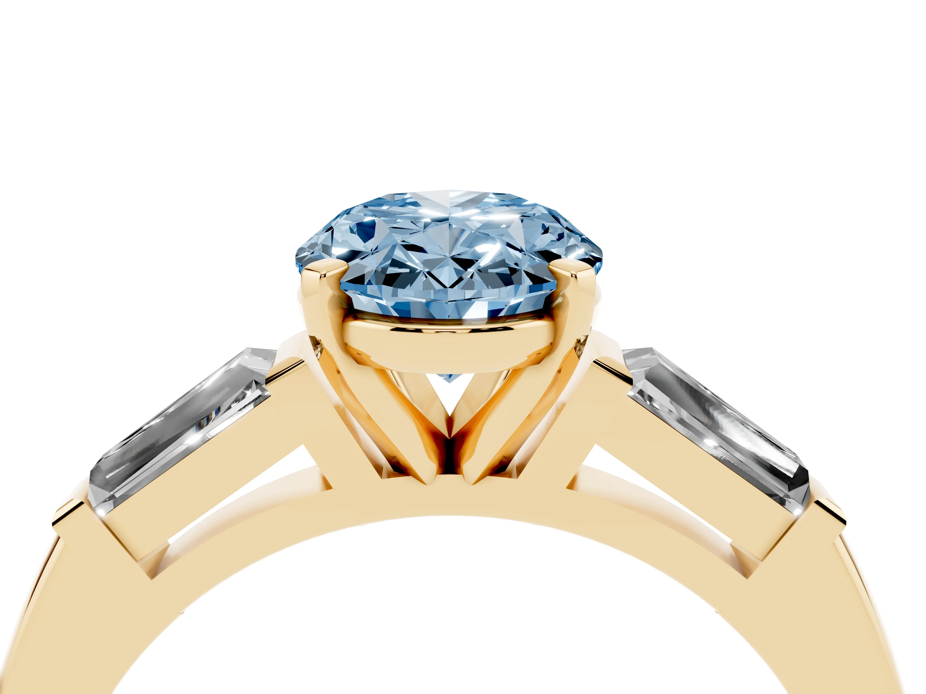 Fancy Blue Oval Cut Diamond Solitaire Ring Set in Yellow gold with Tapered Baguette Side Stones and Prong Setting