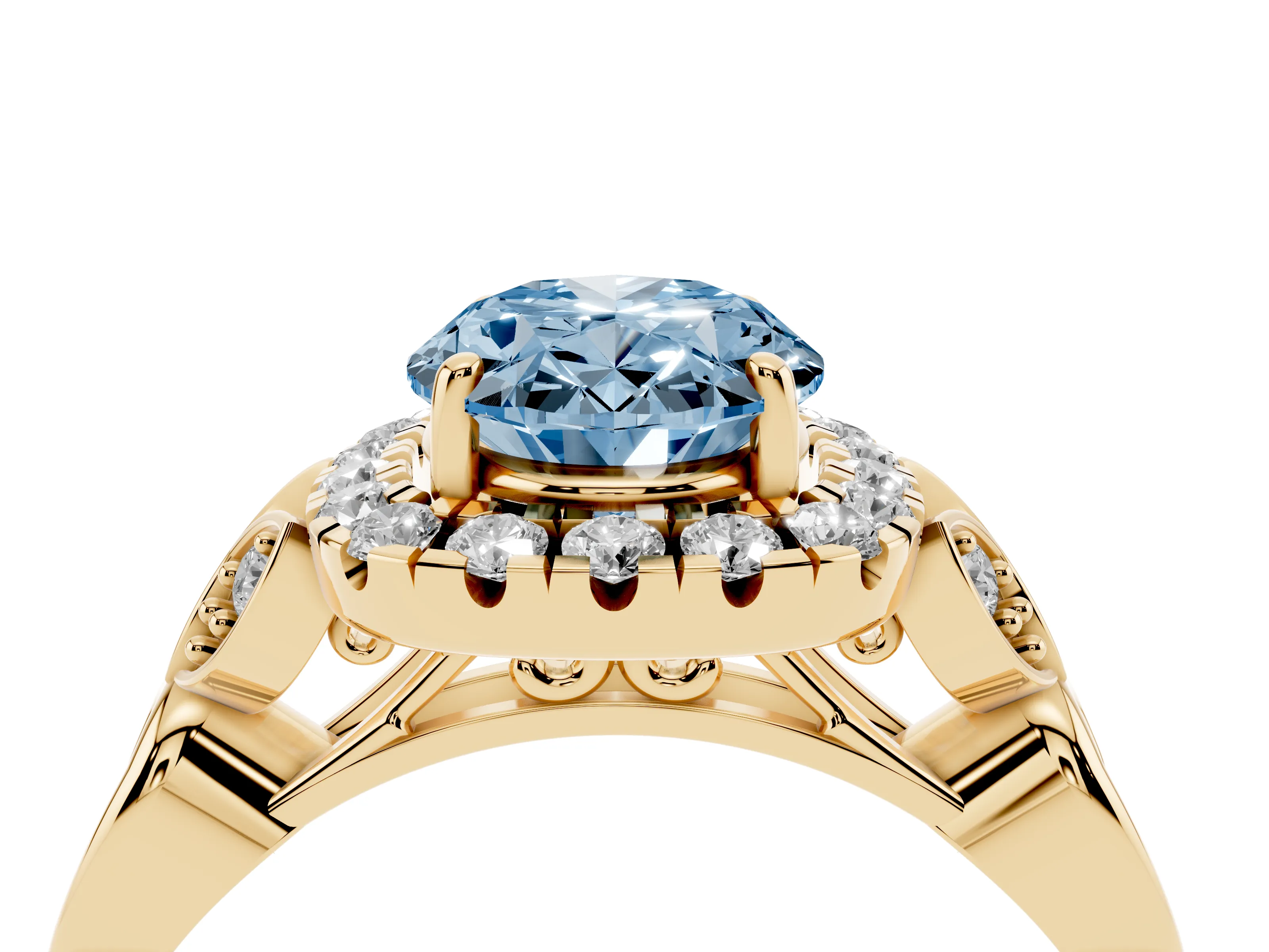 Fancy Blue Oval Cut Diamond Halo Engagement Ring Set in Yellow gold with Vintage-Inspired Band and Prong Setting