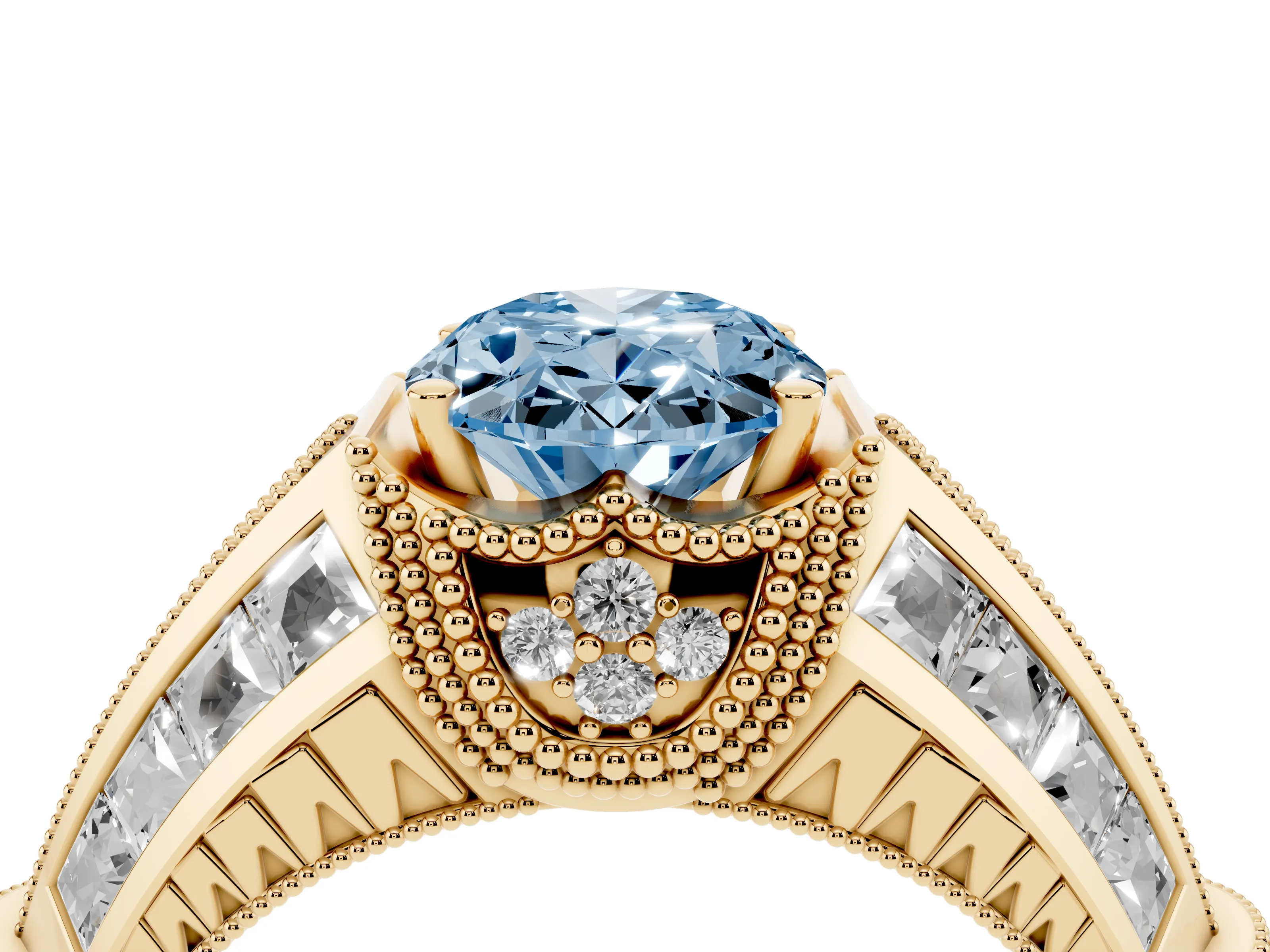 Fancy Blue Oval Cut Diamond Vintage-Inspired Milgrain Ring Set in Yellow gold with Accent Split Shank