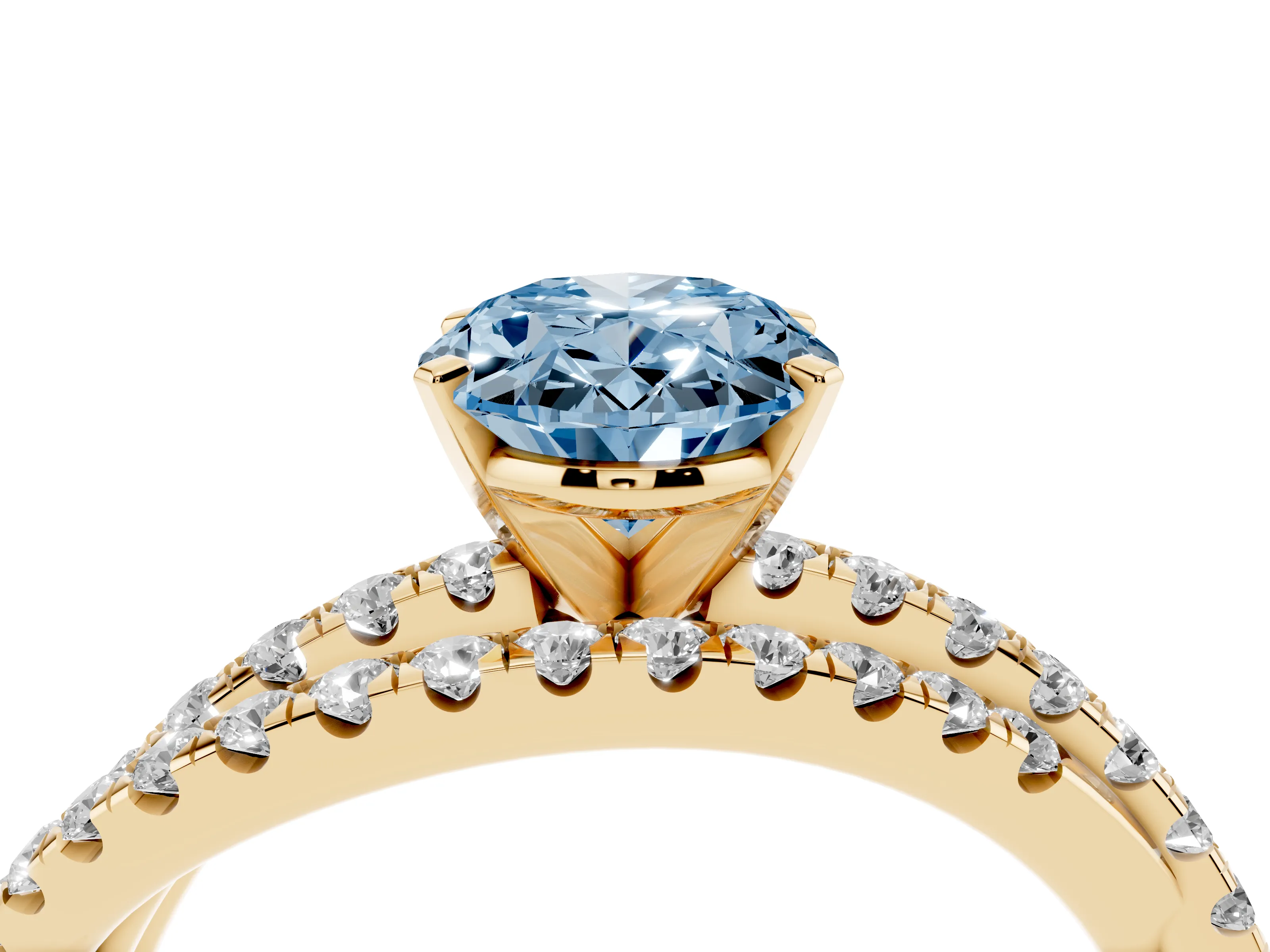 Fancy Blue Oval Cut Diamond Solitaire Twist Band Ring Set in Yellow gold with Pavé Setting and Prong Head
