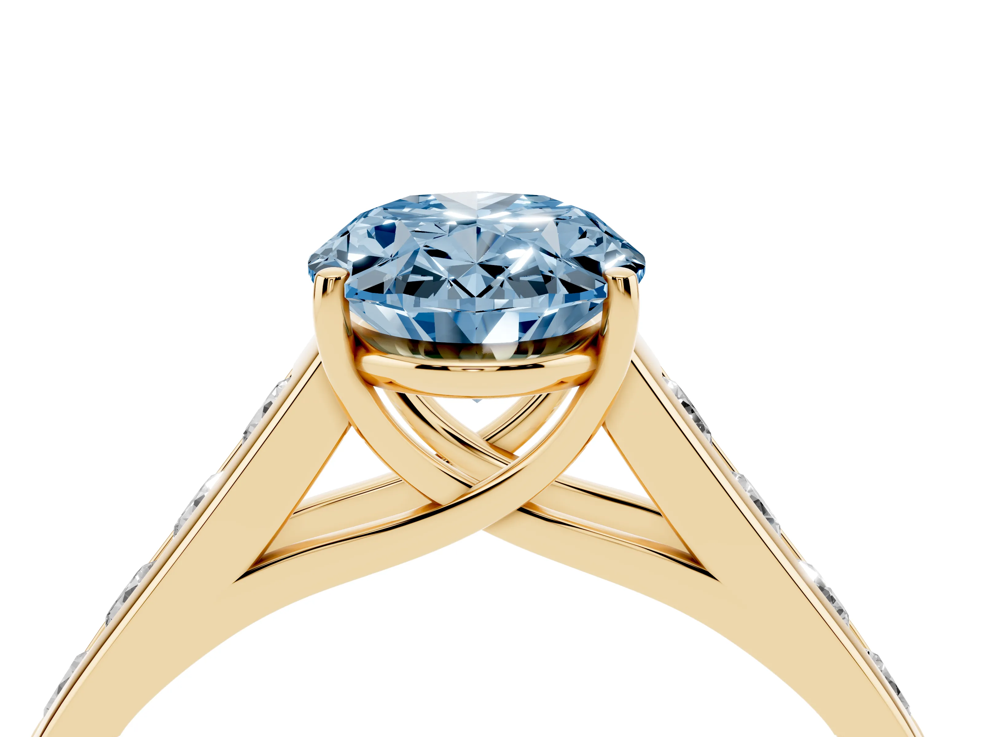 Fancy Blue Oval Cut Diamond Solitaire Channel-Set Engagement Ring Set in Yellow gold with Prong Setting