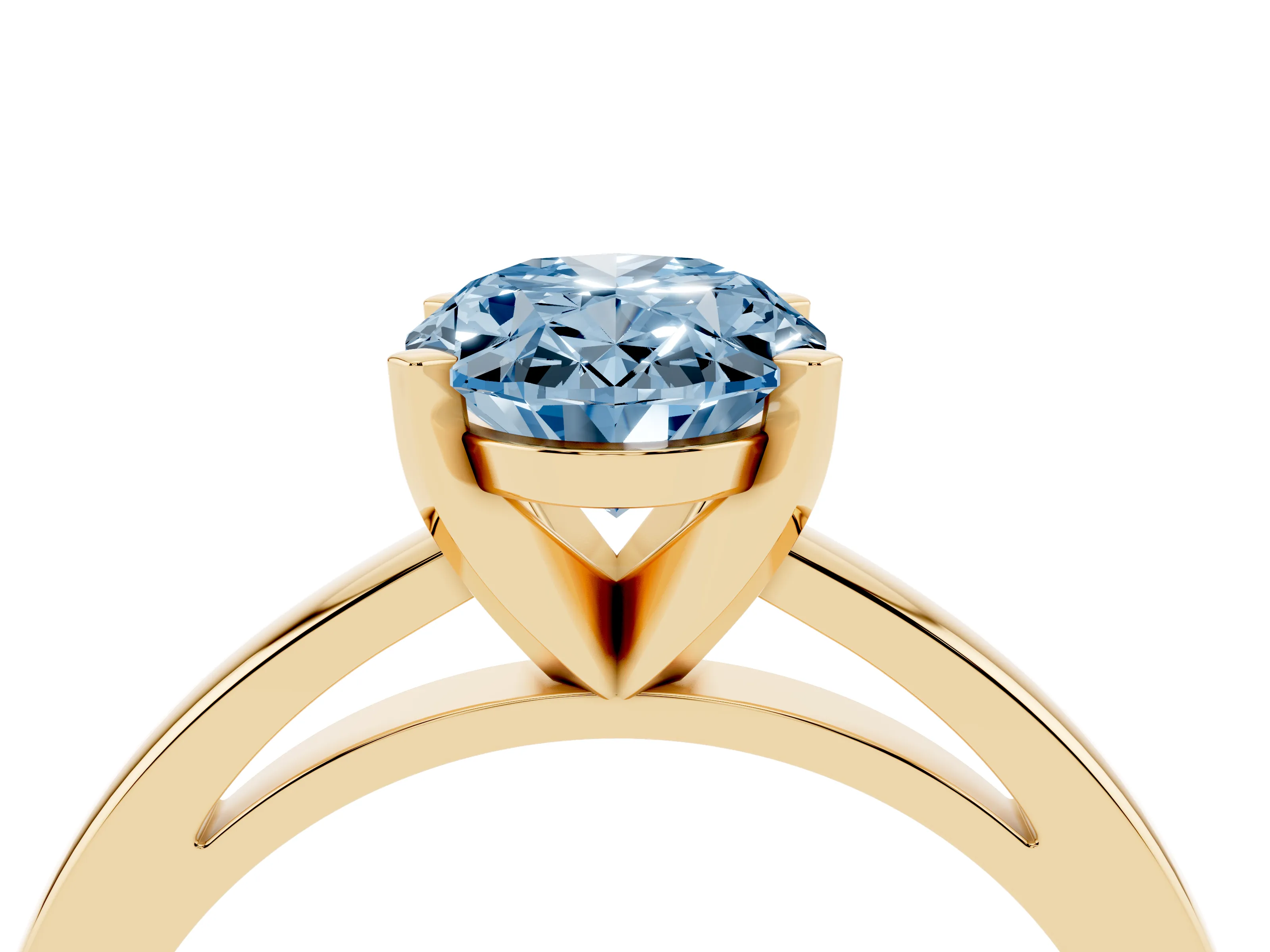 Fancy Blue Oval Cut Diamond Solitaire Engagement Ring Set in Yellow gold with Prong Setting on a Classic Band