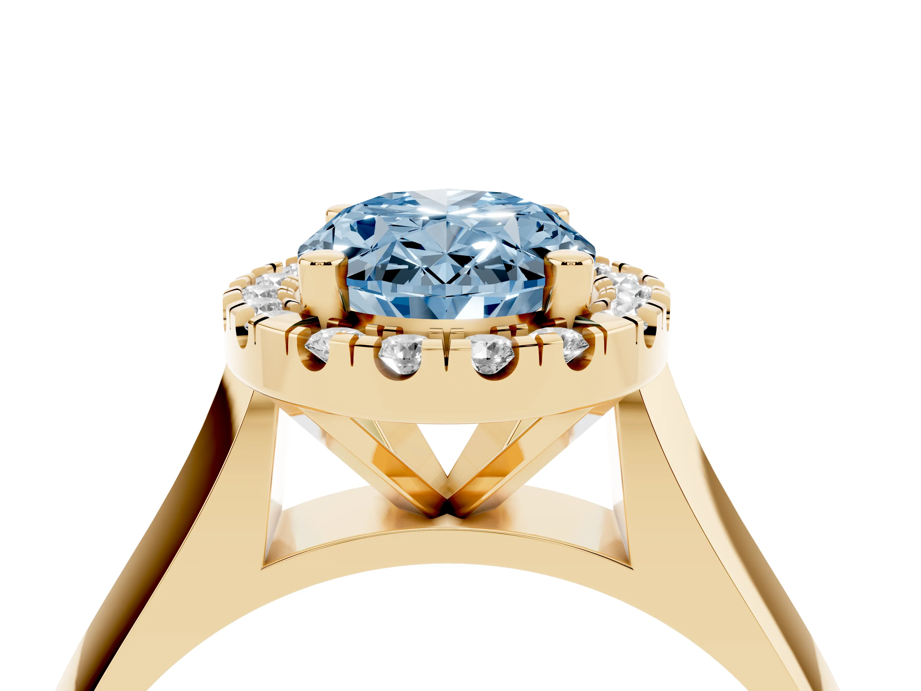 Fancy Blue Oval Cut Diamond Halo Solitaire Engagement Ring Set in Yellow gold with Square Band and Prong Setting