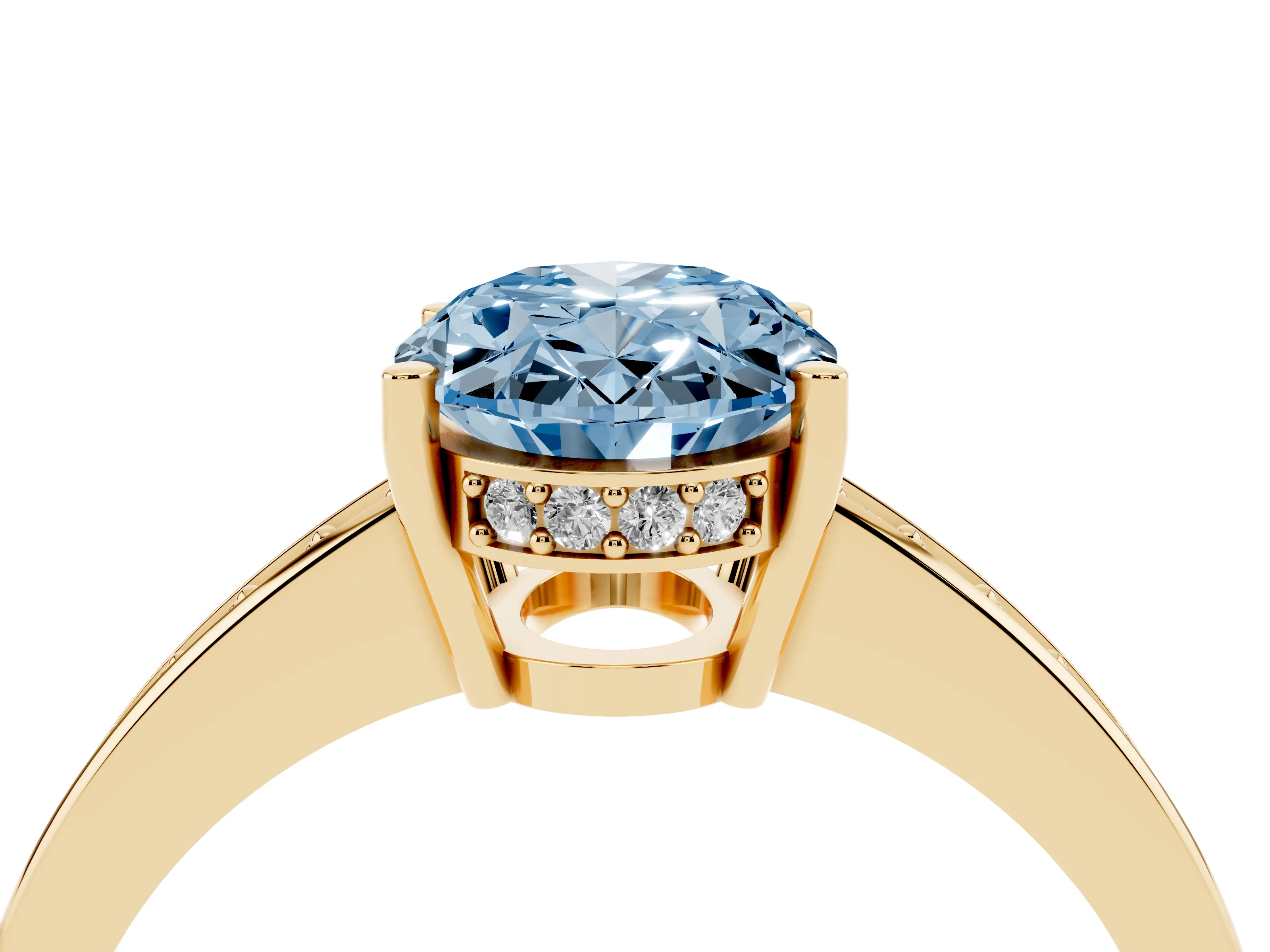 Fancy Blue Oval Cut Diamond Pavé Band Prong Set Solitaire Ring Set in Yellow gold