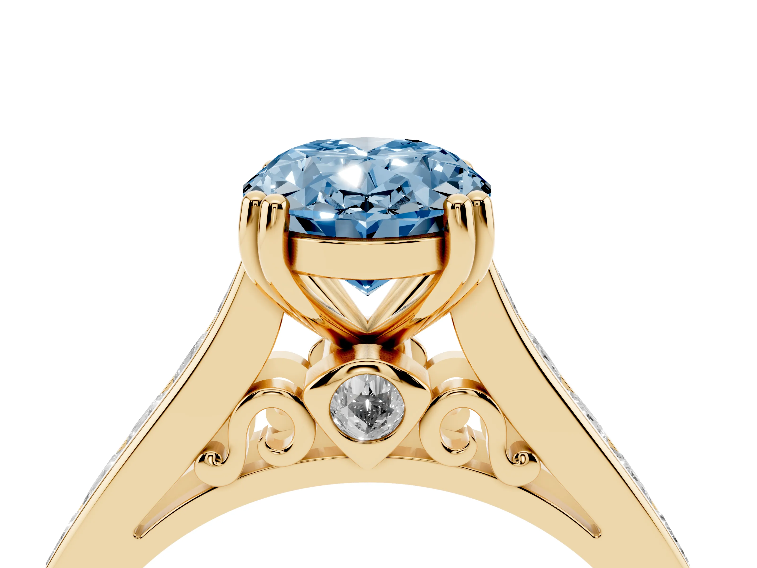 Fancy Blue Oval Cut Diamond Channel Set Solitaire Engagement Ring Set in Yellow gold with Prong Setting