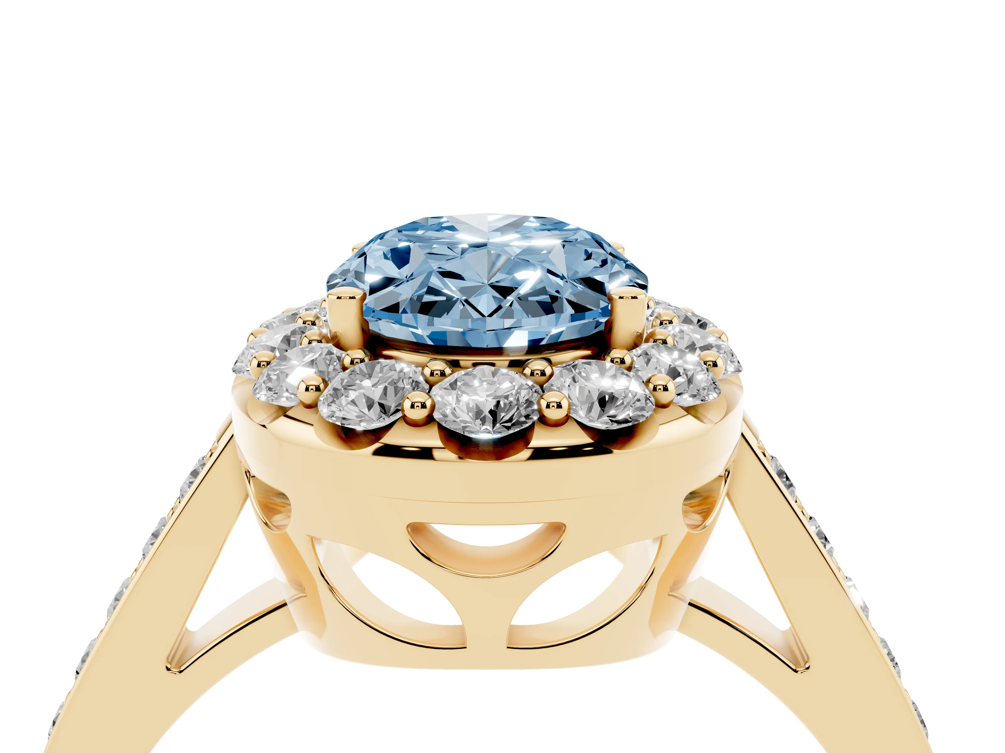 Fancy Blue Oval Cut Diamond Floral Halo Ring Set in Yellow gold with Pavé Band and Prong Setting