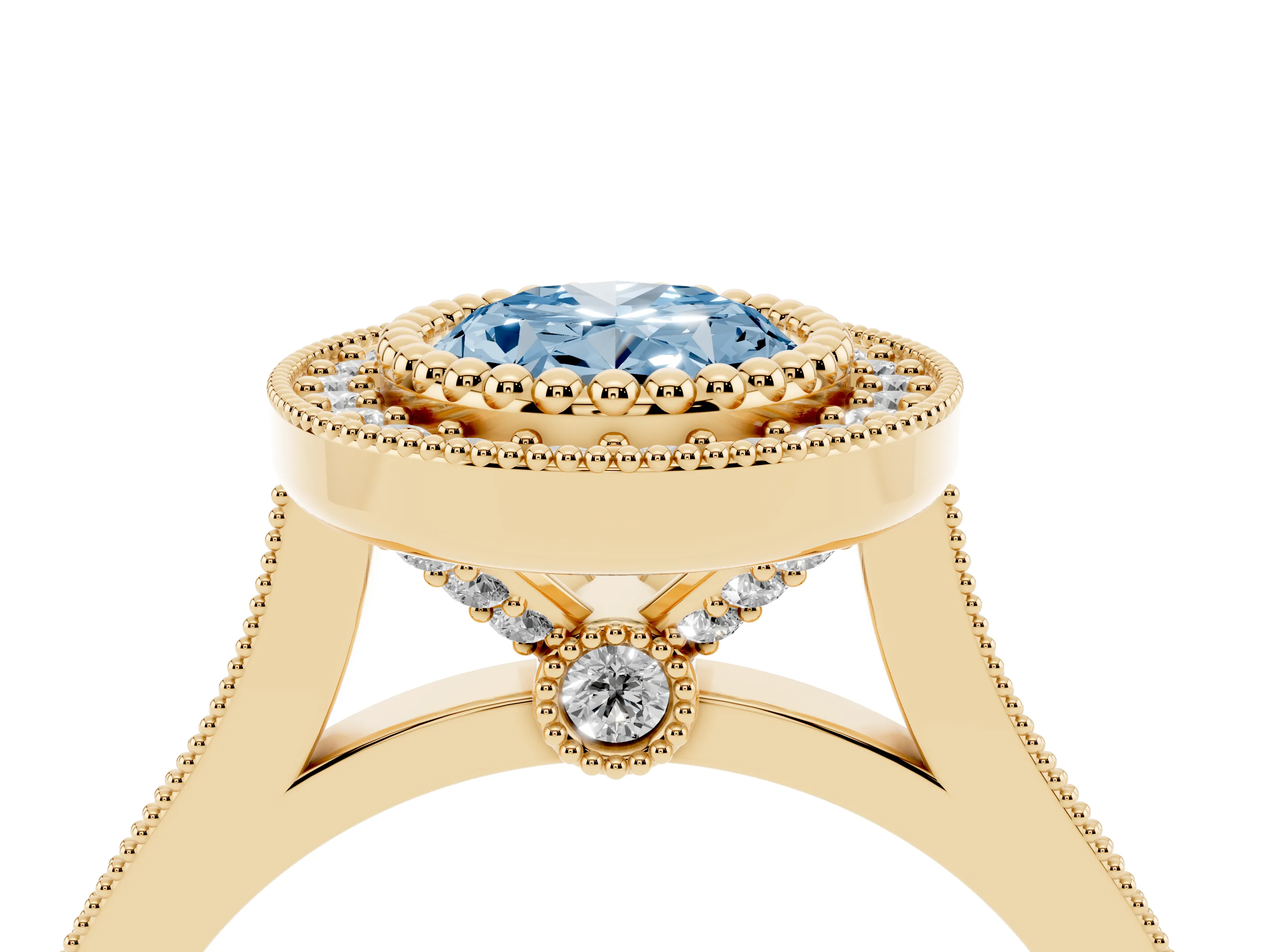 Fancy Blue Oval Cut Diamond Halo Ring Set in Yellow gold with Milgrain Frame and Pavé Band
