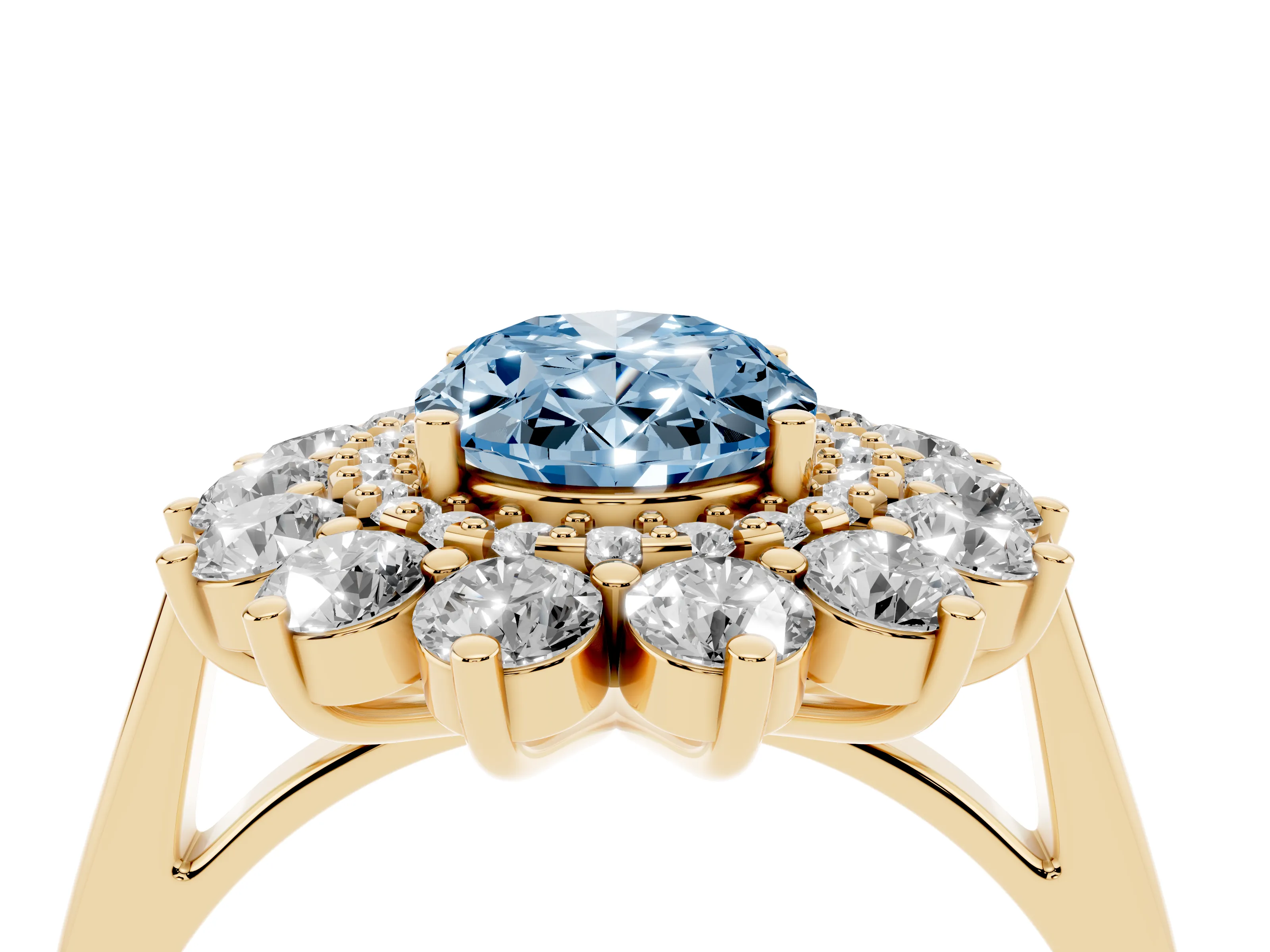 Fancy Blue Oval Cut Diamond Floral Double Halo Ring Set in Yellow gold with Round Petals