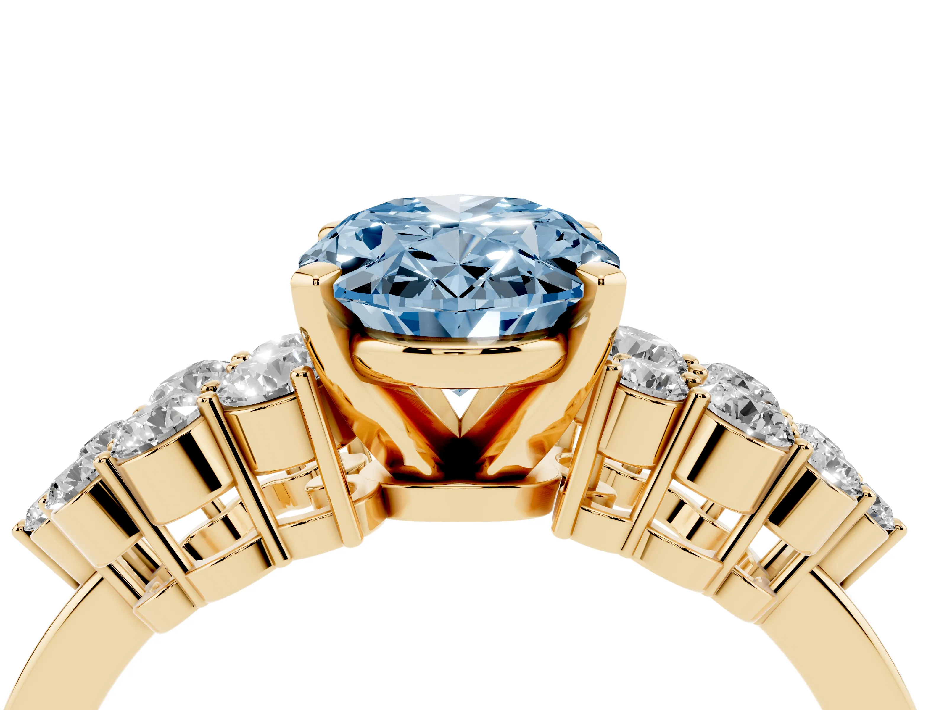 Fancy Blue Oval Cut Diamond Cluster Engagement Ring Set in Yellow gold with Pavé Band and Prong Setting