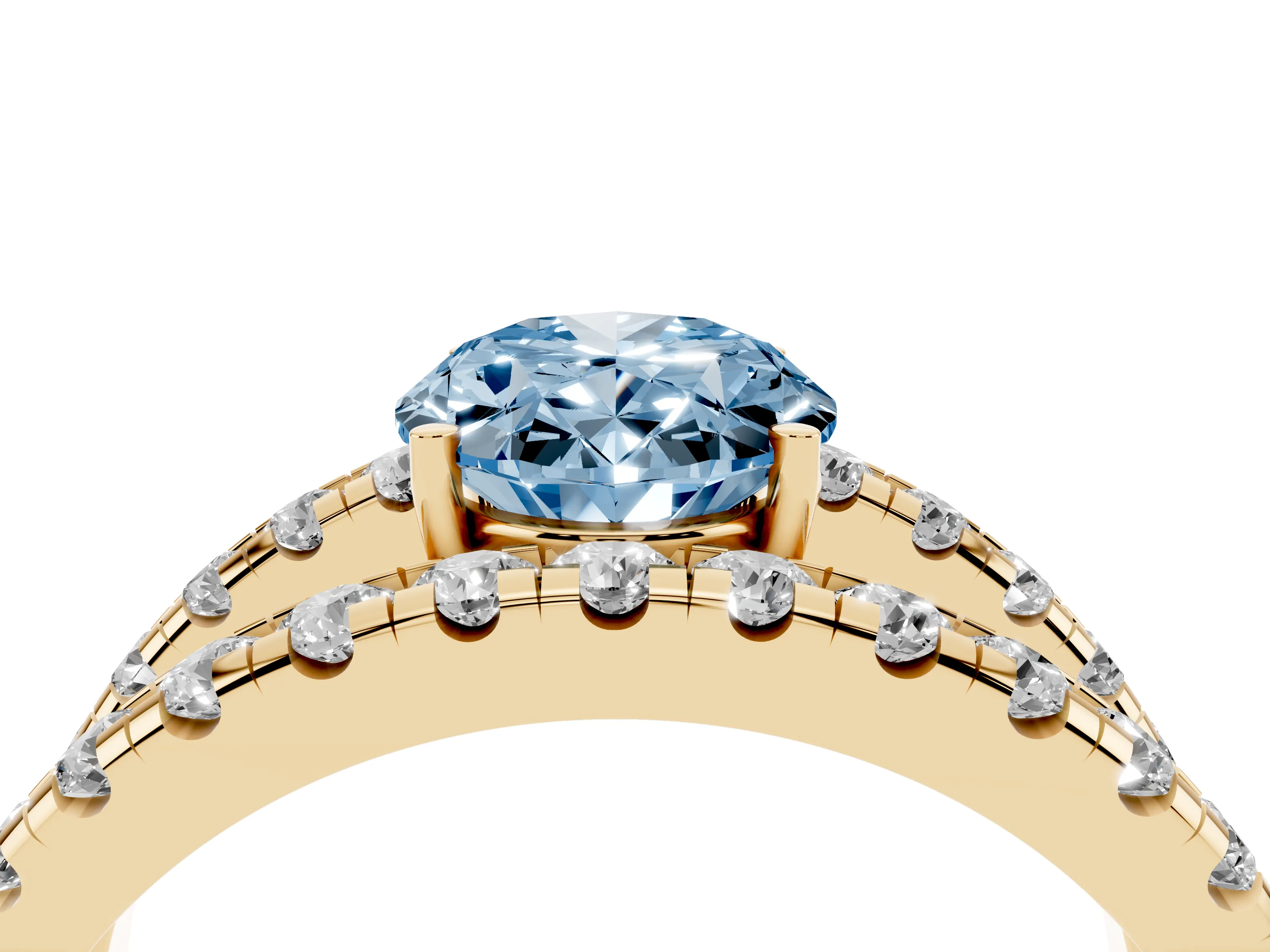 Fancy Blue Oval Cut Diamond Split Shank Pavé Solitaire Ring Set in Yellow gold with Open Shank Design