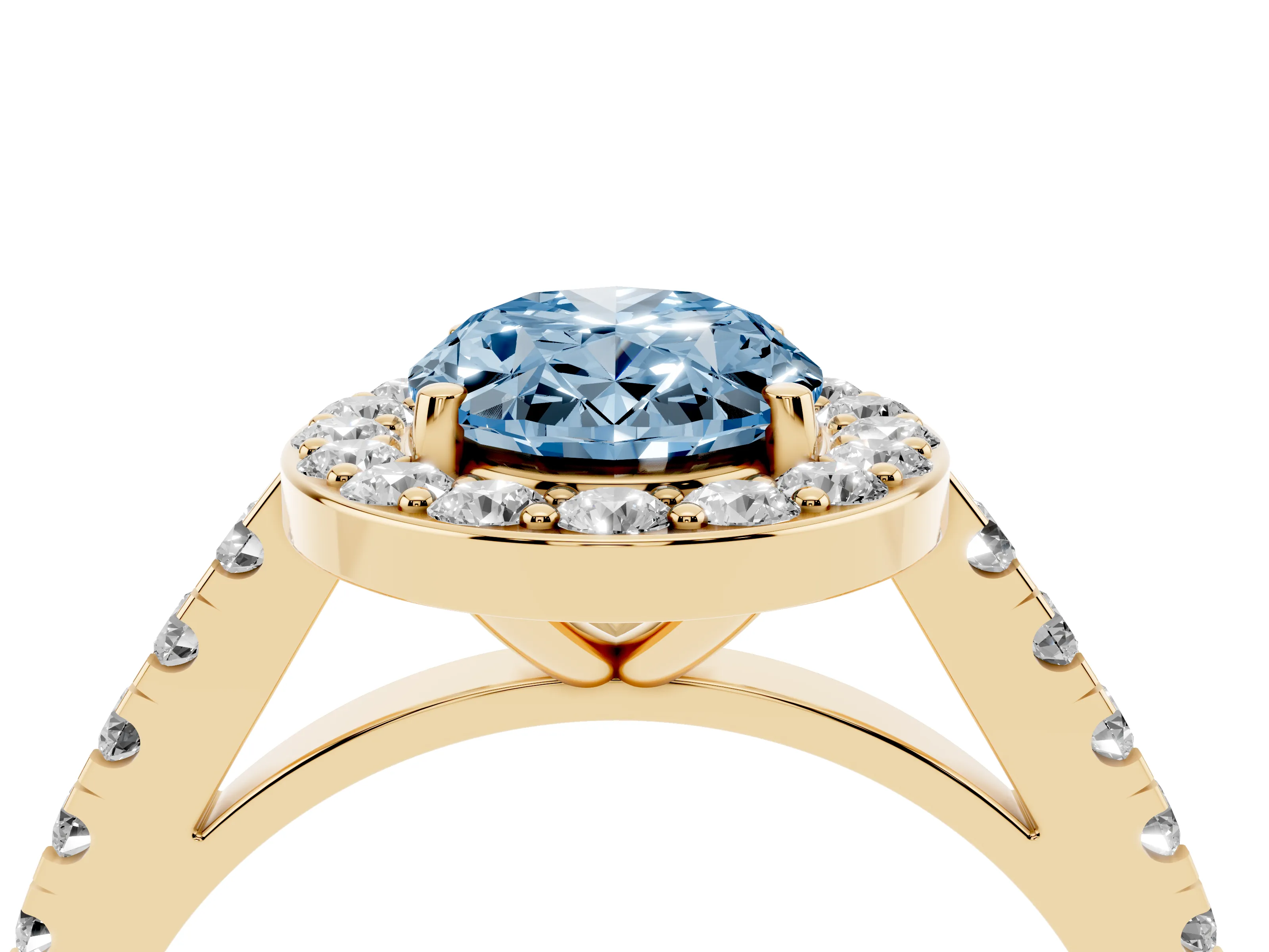 Fancy Blue Oval Cut Diamond Halo Ring Set in Yellow gold with Round Pavé Split Shank and Prong Setting