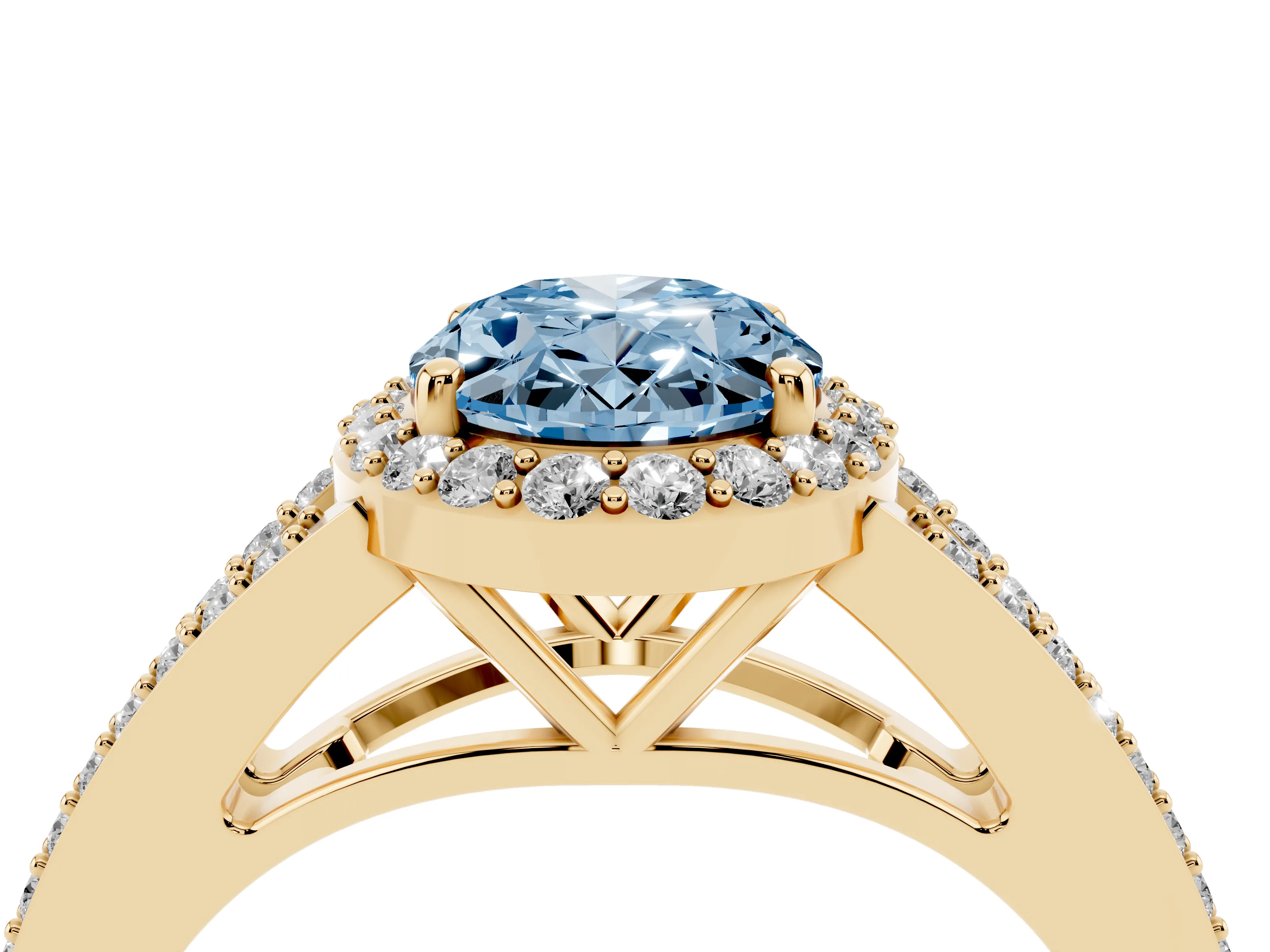 Fancy Blue Oval Cut Diamond Halo Split Shank Ring Set in Yellow gold with Accent Stones and Prong Setting