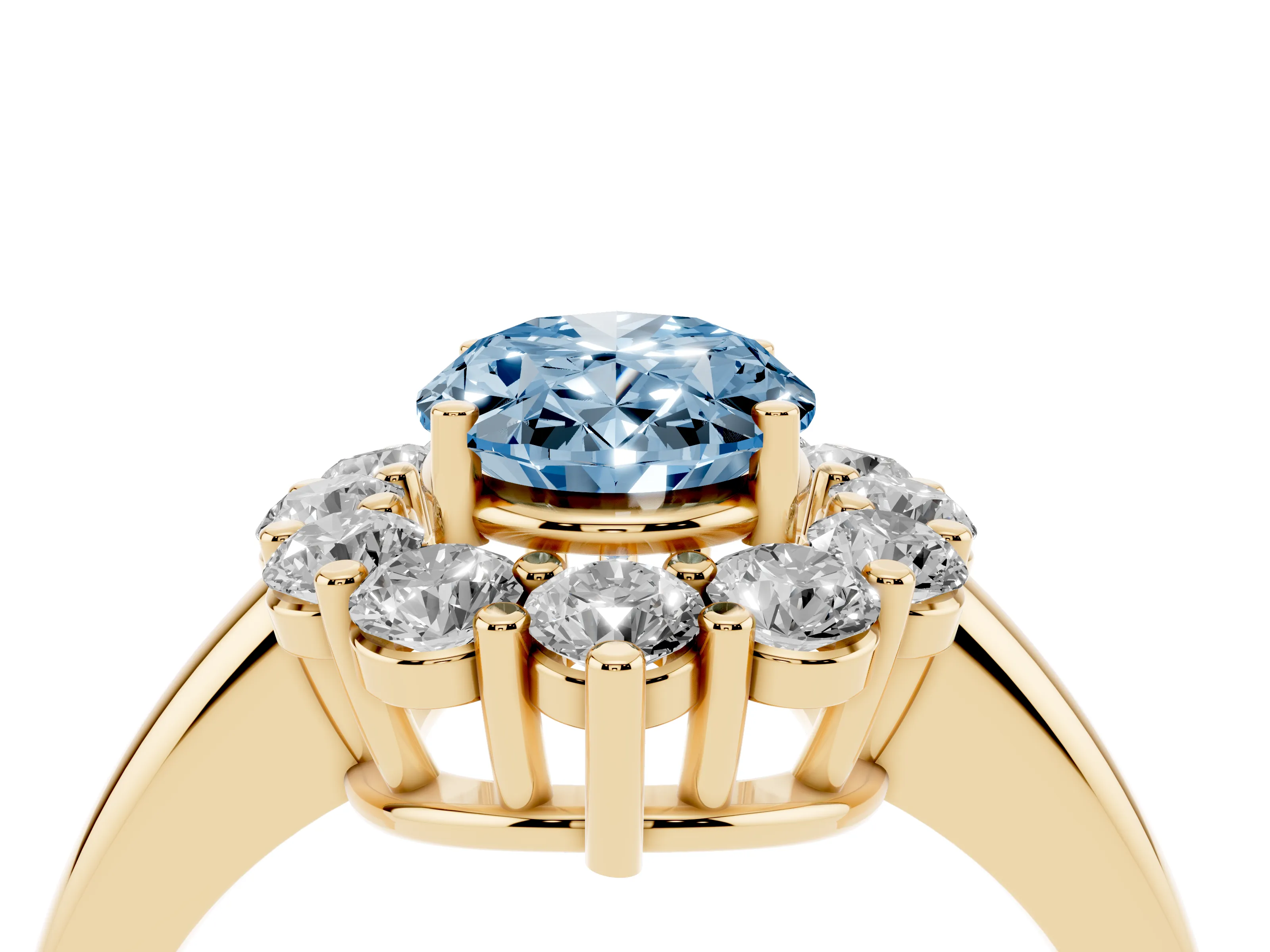 Fancy Blue Oval Cut Diamond Halo Cluster Engagement Ring Set in Yellow gold with Polished Band and Prong Setting