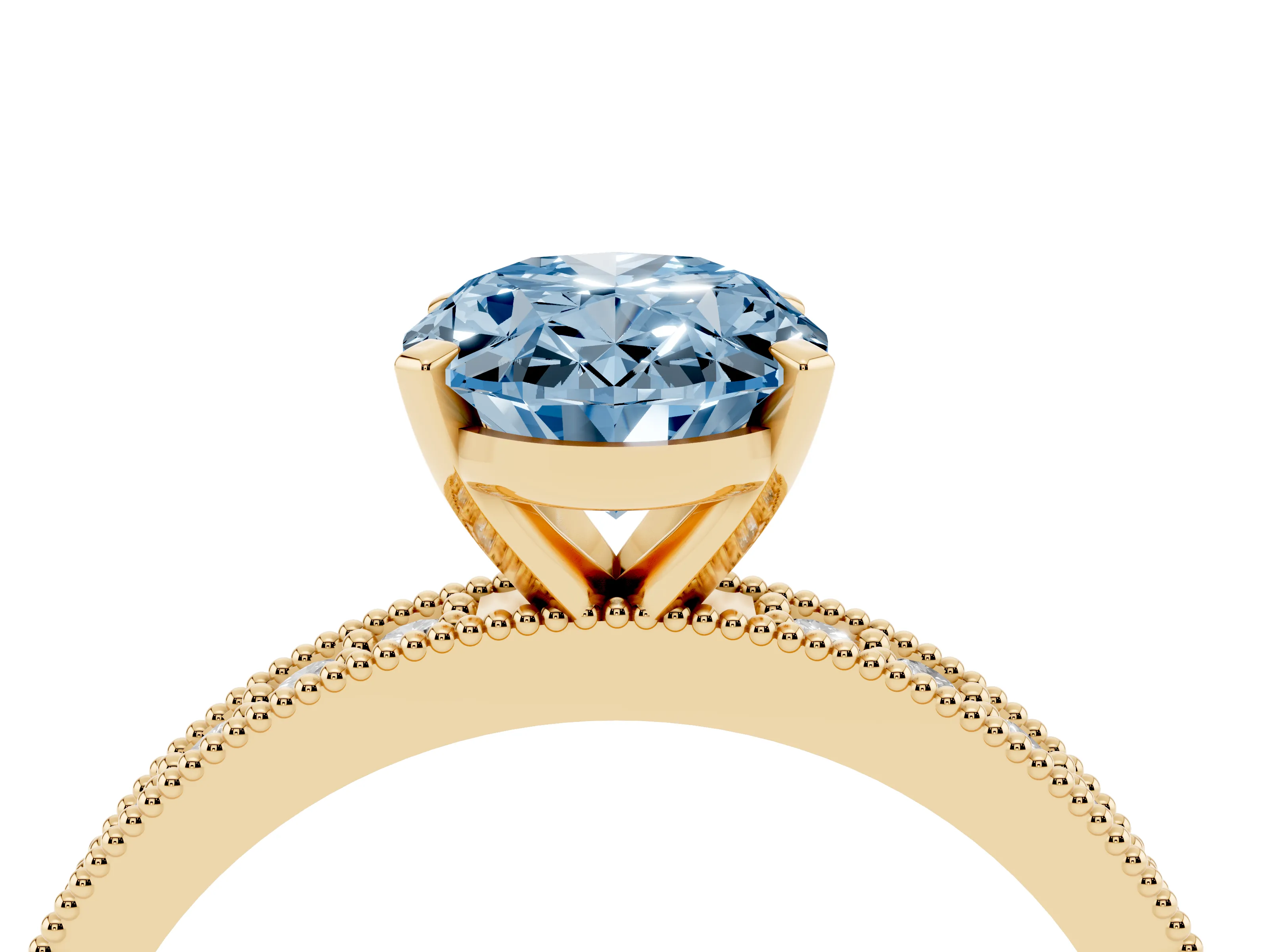 Fancy Blue Oval Cut Diamond Milgrain Pavé Engagement Ring Set in Yellow gold with Prong Setting