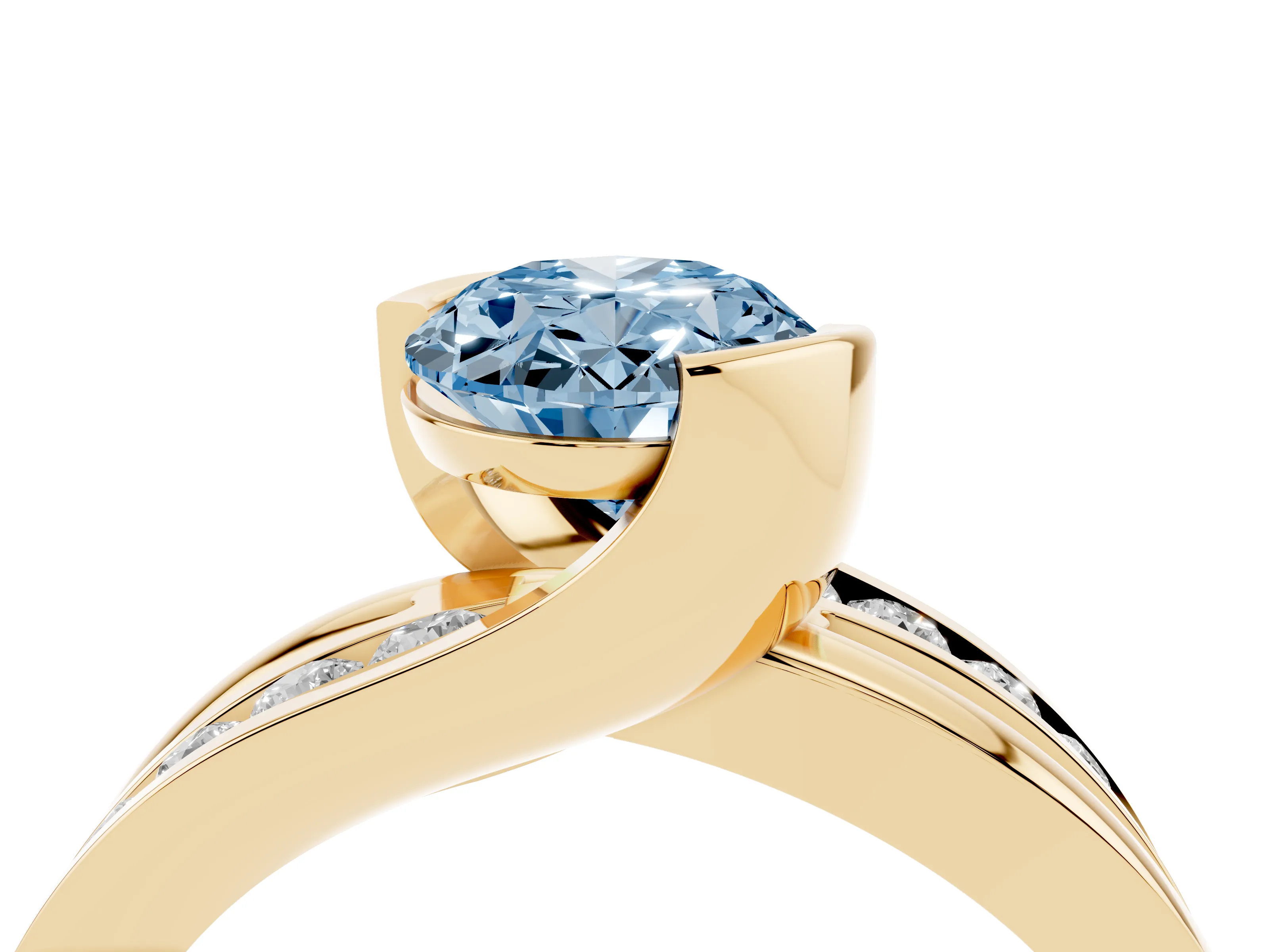 Fancy Blue Oval Cut Diamond Solitaire Ring Set in Yellow gold with Channel Set Split Shank and Tension Prongs