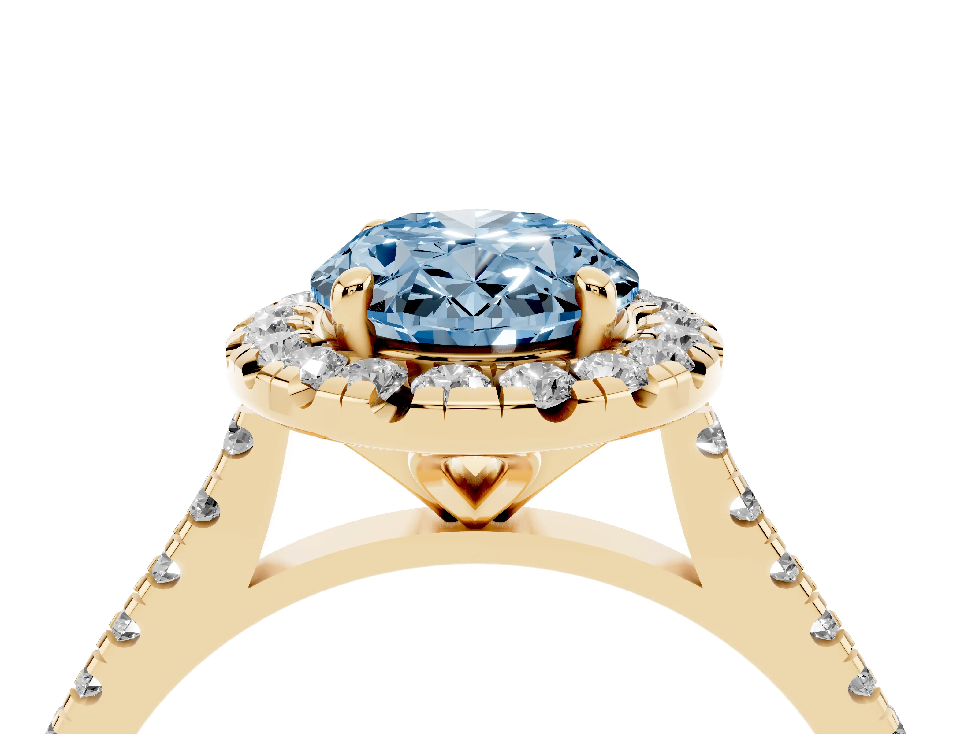 Fancy Blue Oval Cut Diamond Cushion Halo Ring Set in Yellow gold with Pavé Band