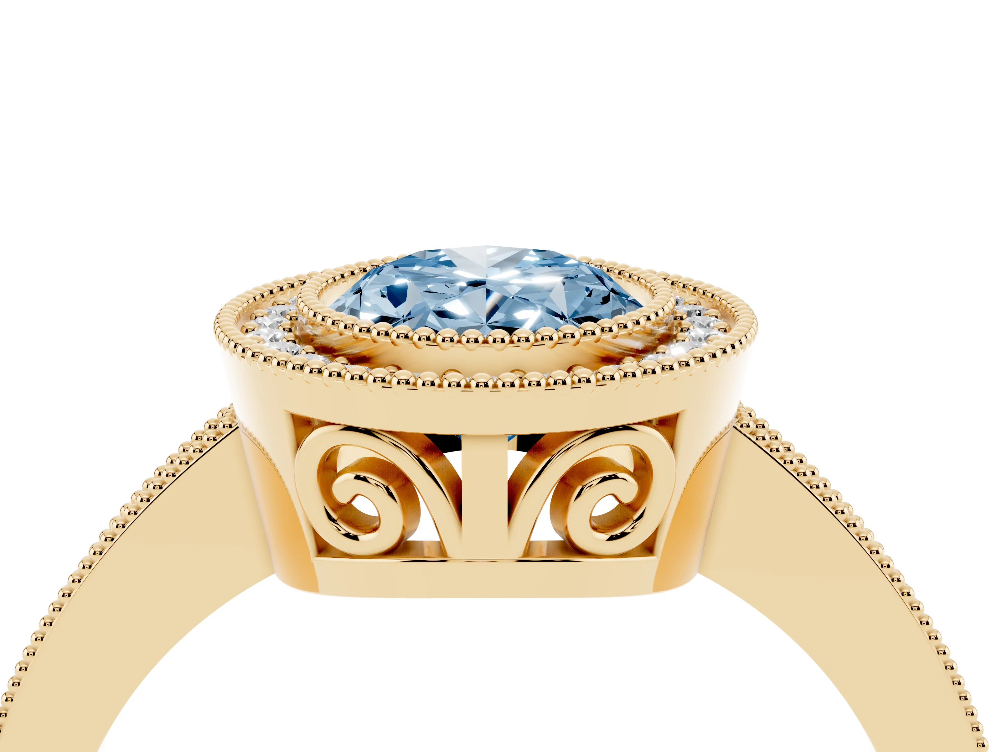 Fancy Blue Oval Cut Diamond Round Halo Ring Set in Yellow gold with Pavé Band