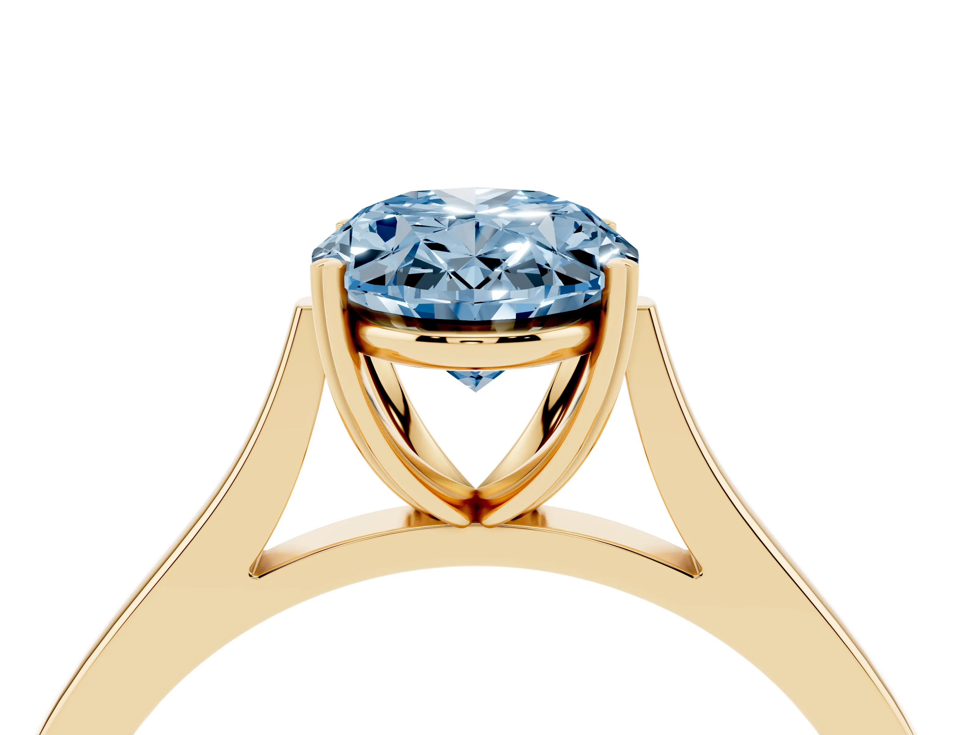 Fancy Blue Oval Cut Diamond Solitaire Heart Prong Engagement Ring Set in Yellow gold with Tapered Band