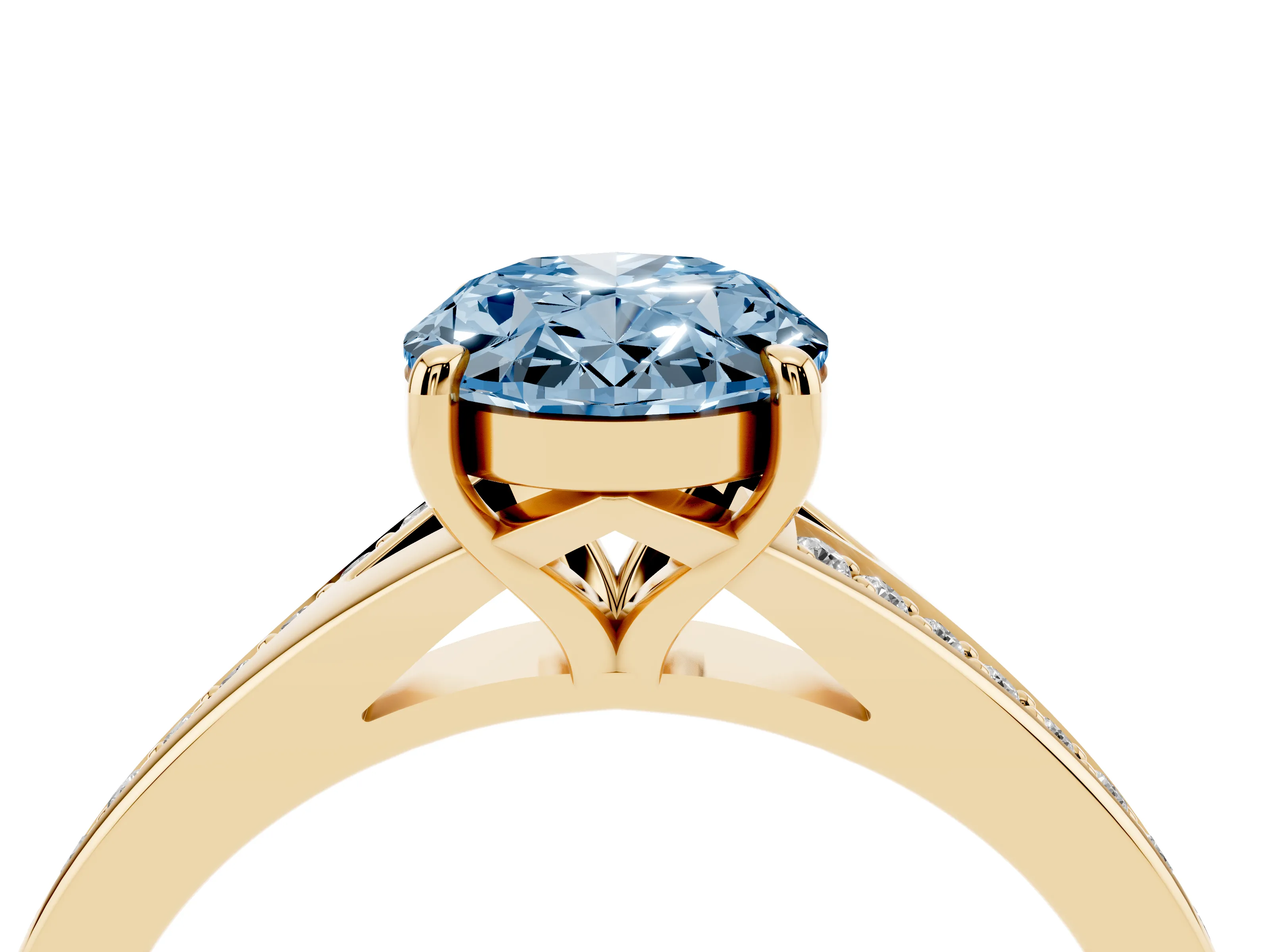 Fancy Blue Oval Cut Diamond Solitaire Ring Set in Yellow gold with Pavé Accent Band and Classic Prong Setting