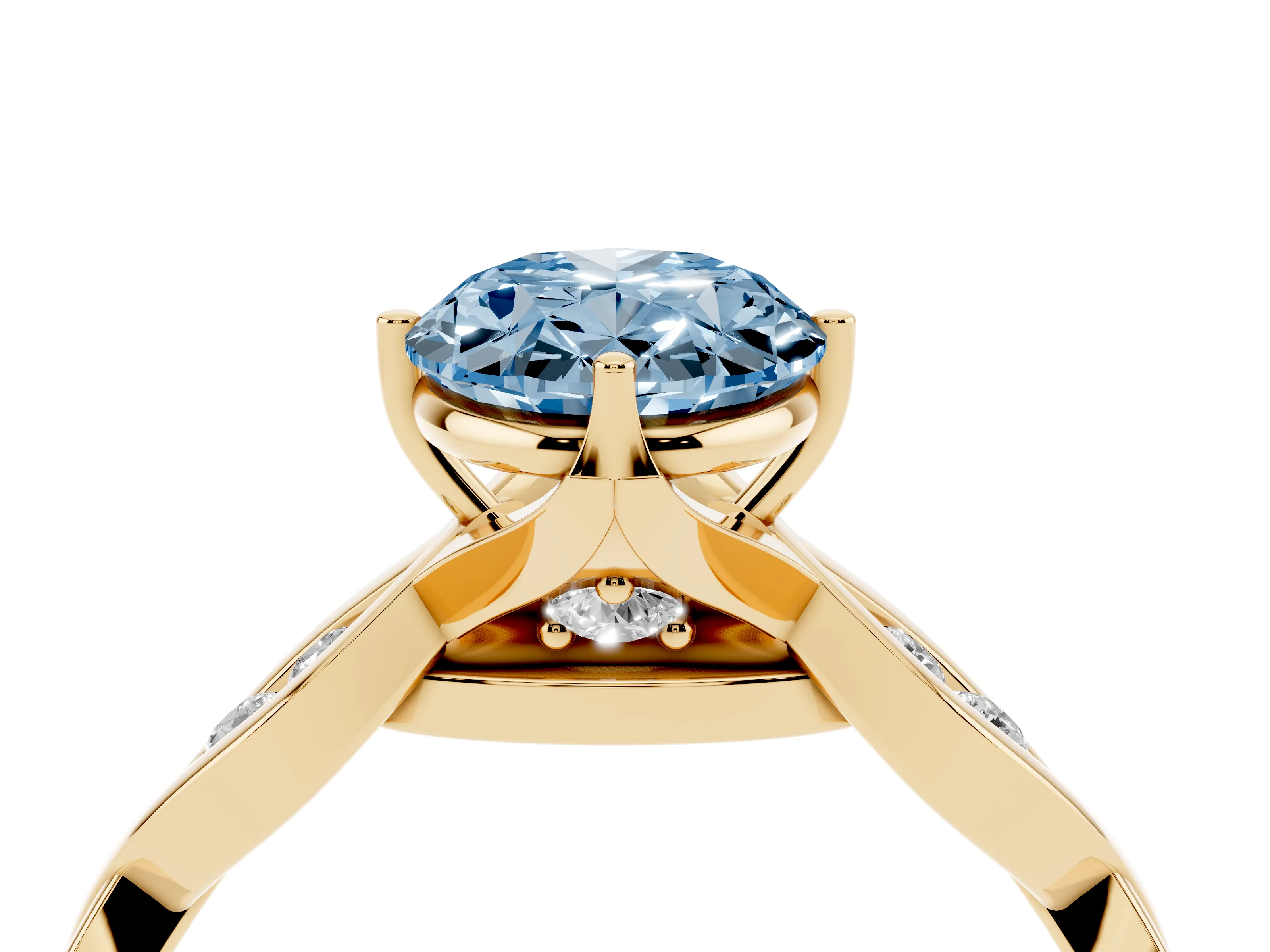 Fancy Blue Oval Cut Diamond Twist Band Solitaire Ring Set in Yellow gold with Leaf Prong Setting and Accent Stones