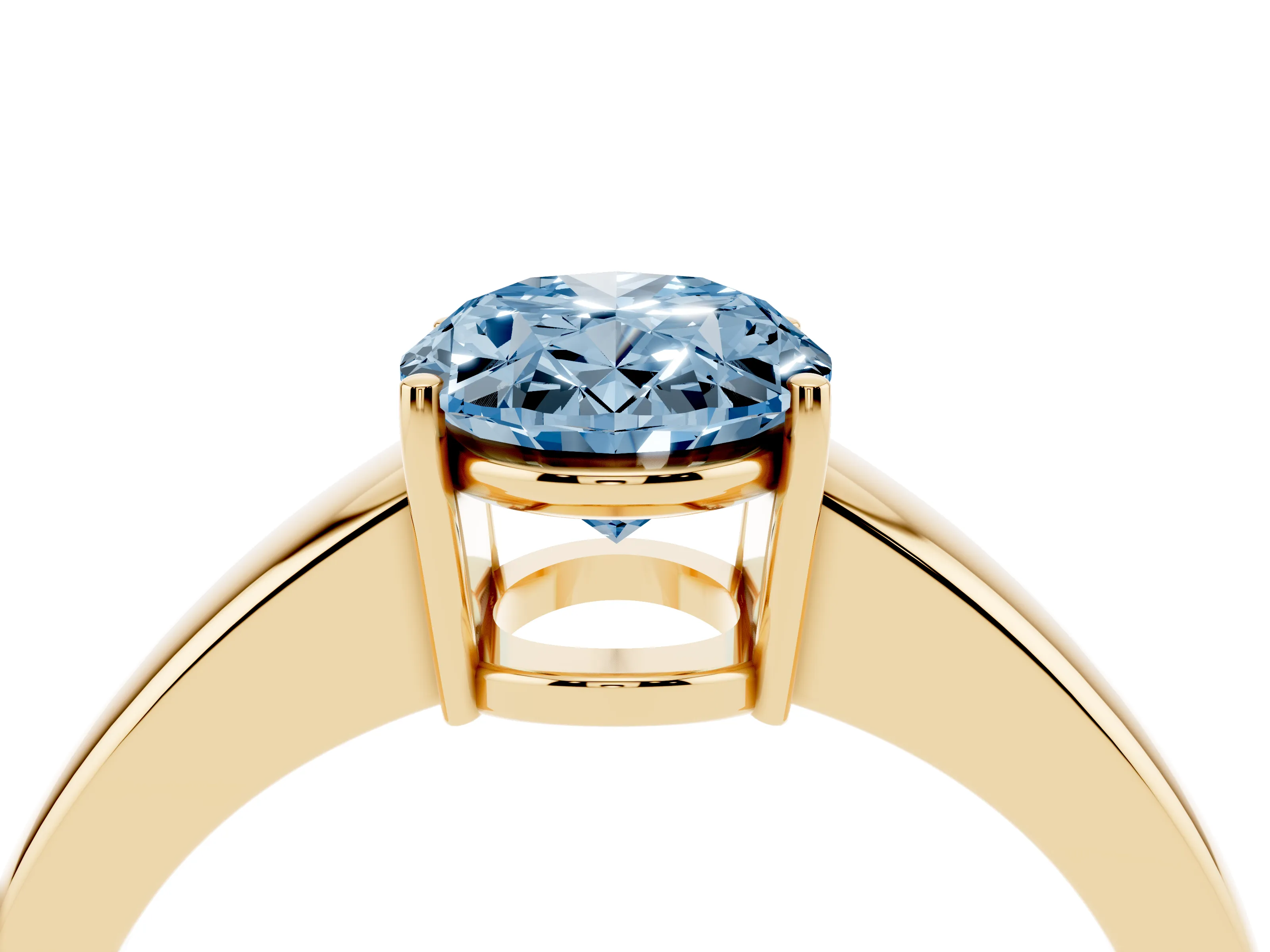 Fancy Blue Oval Cut Diamond Solitaire Ring Set in Yellow gold with Tapered Band and Prong Setting