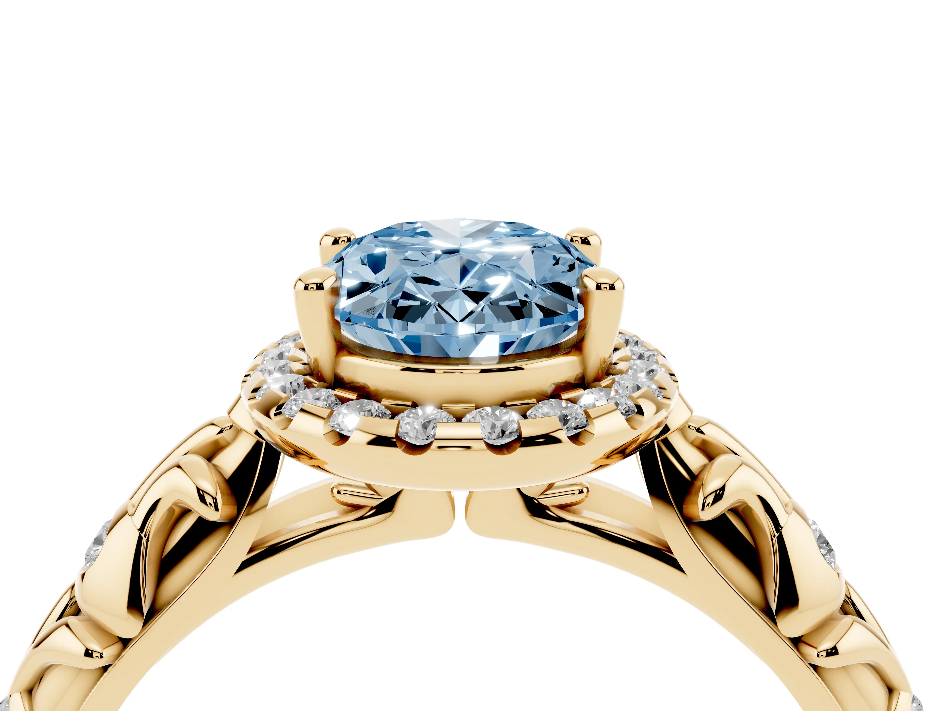 Fancy Blue Oval Cut Diamond Halo Ring Set in Yellow gold with Filigree Leaf Band and Prong Setting