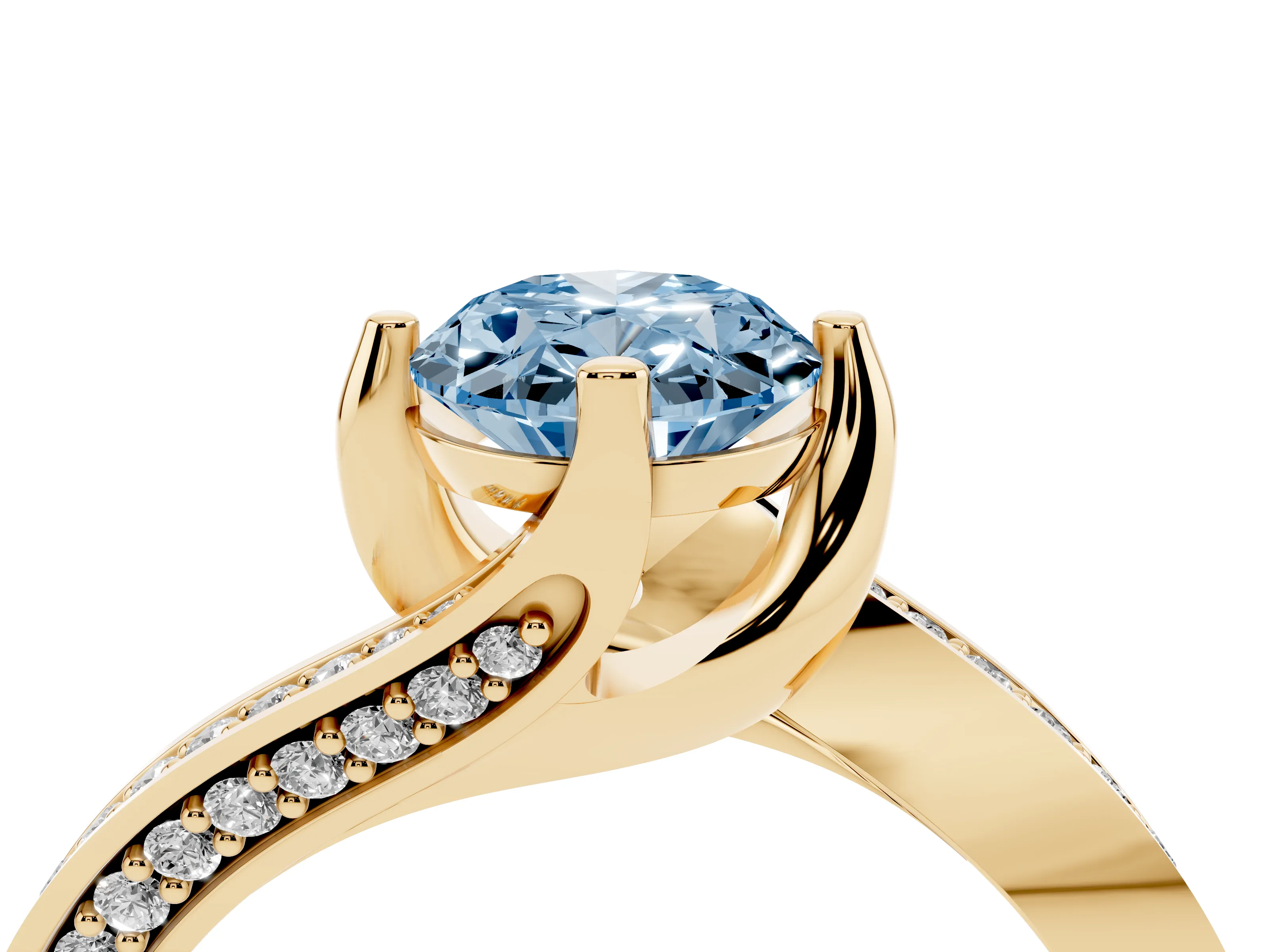 Fancy Blue Oval Cut Diamond Solitaire Ring Set in Yellow gold with Intertwined Pavé Twist Band