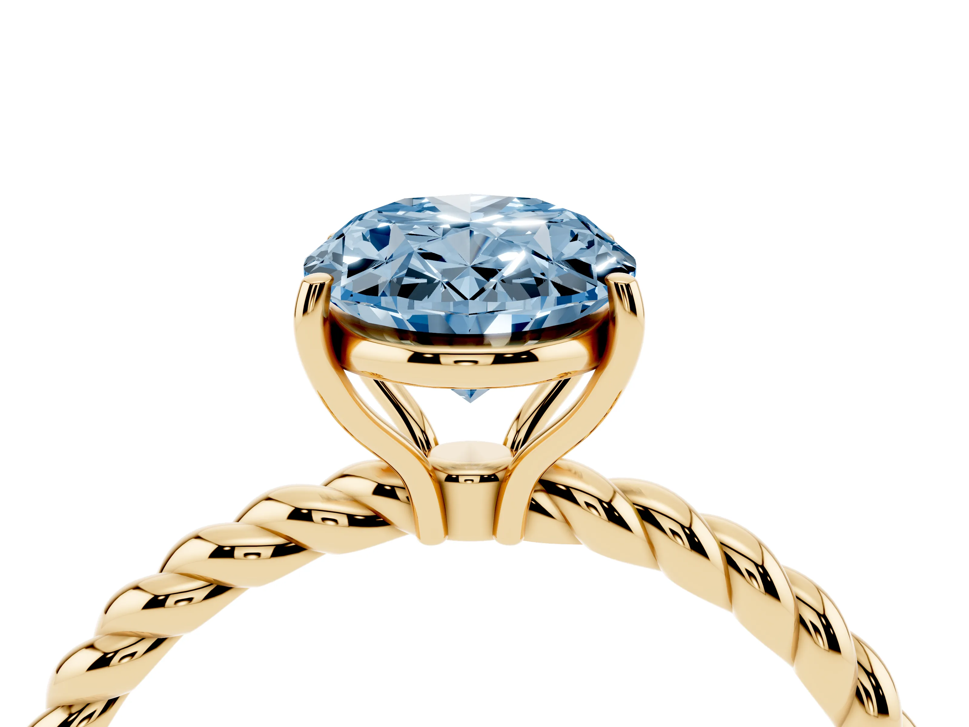 Fancy Blue Oval Cut Diamond Solitaire Twisted Band Ring Set in Yellow gold with Prong Solitaire Setting