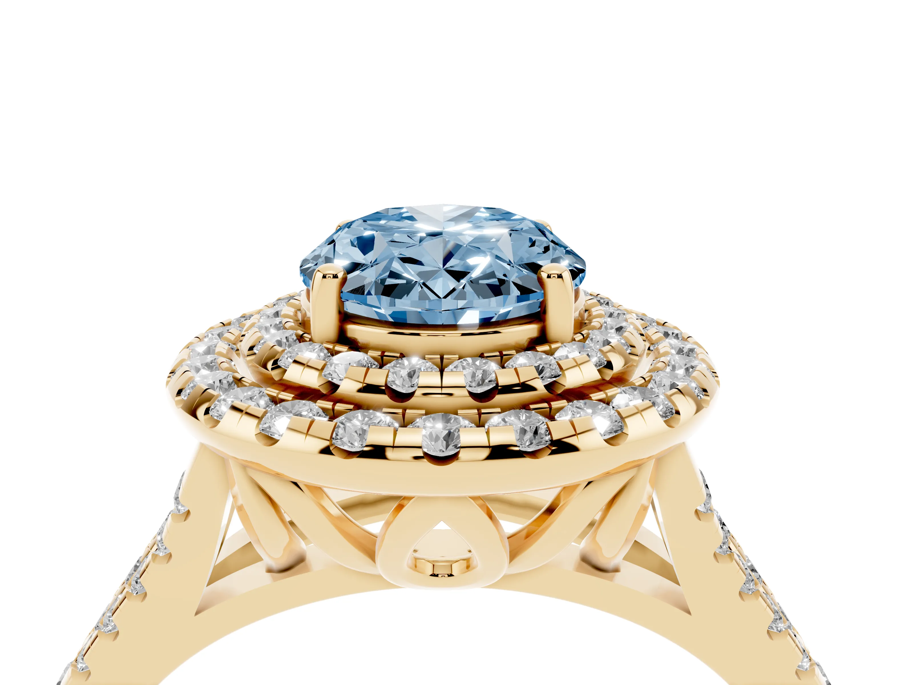 Fancy Blue Oval Cut Diamond Double Halo Ring Set in Yellow gold with Pavé Split Shank and Prong Setting