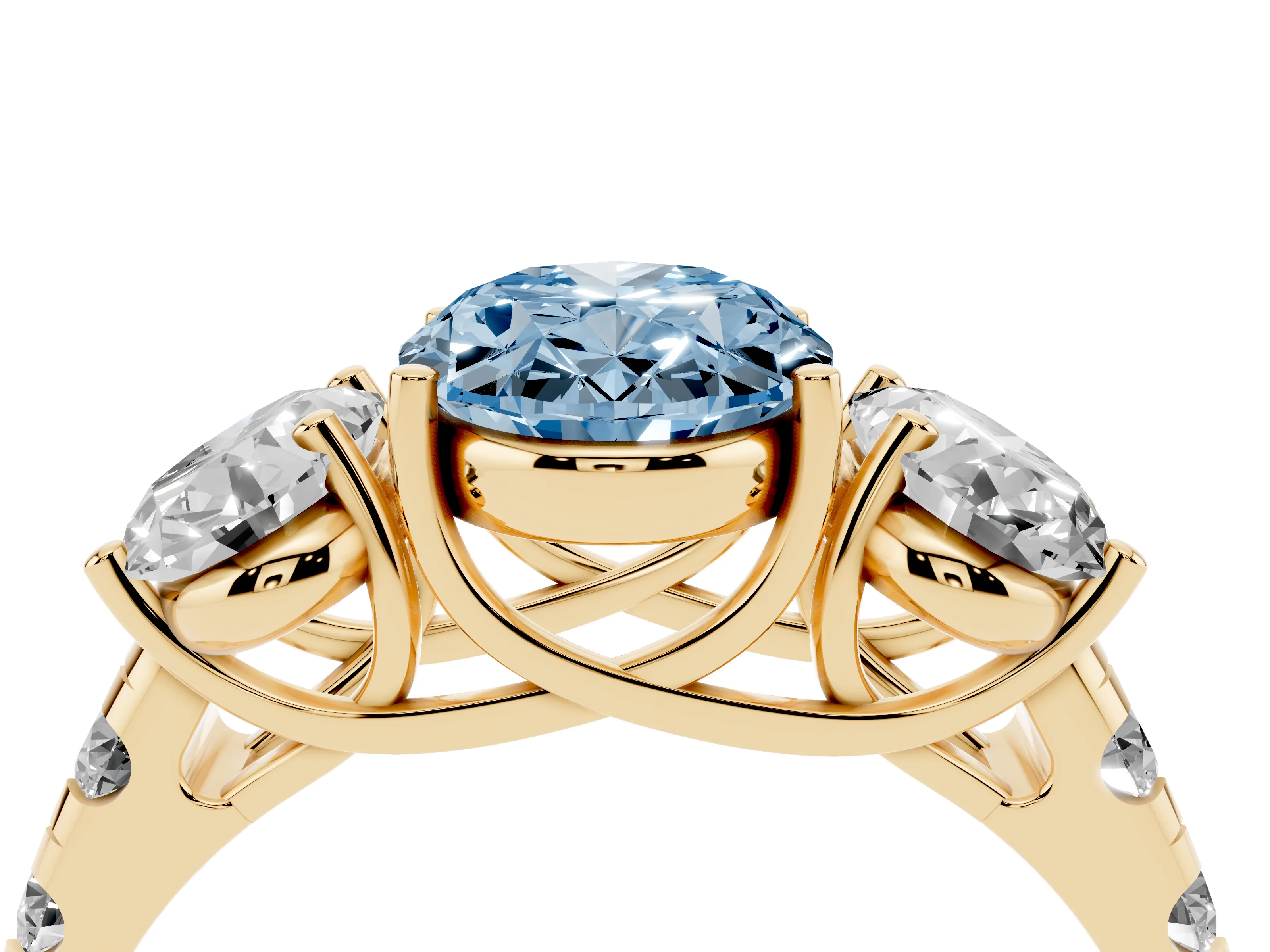 Fancy Blue Oval Cut Diamond Three-Stone Ring Set in Yellow gold with Pavé Band