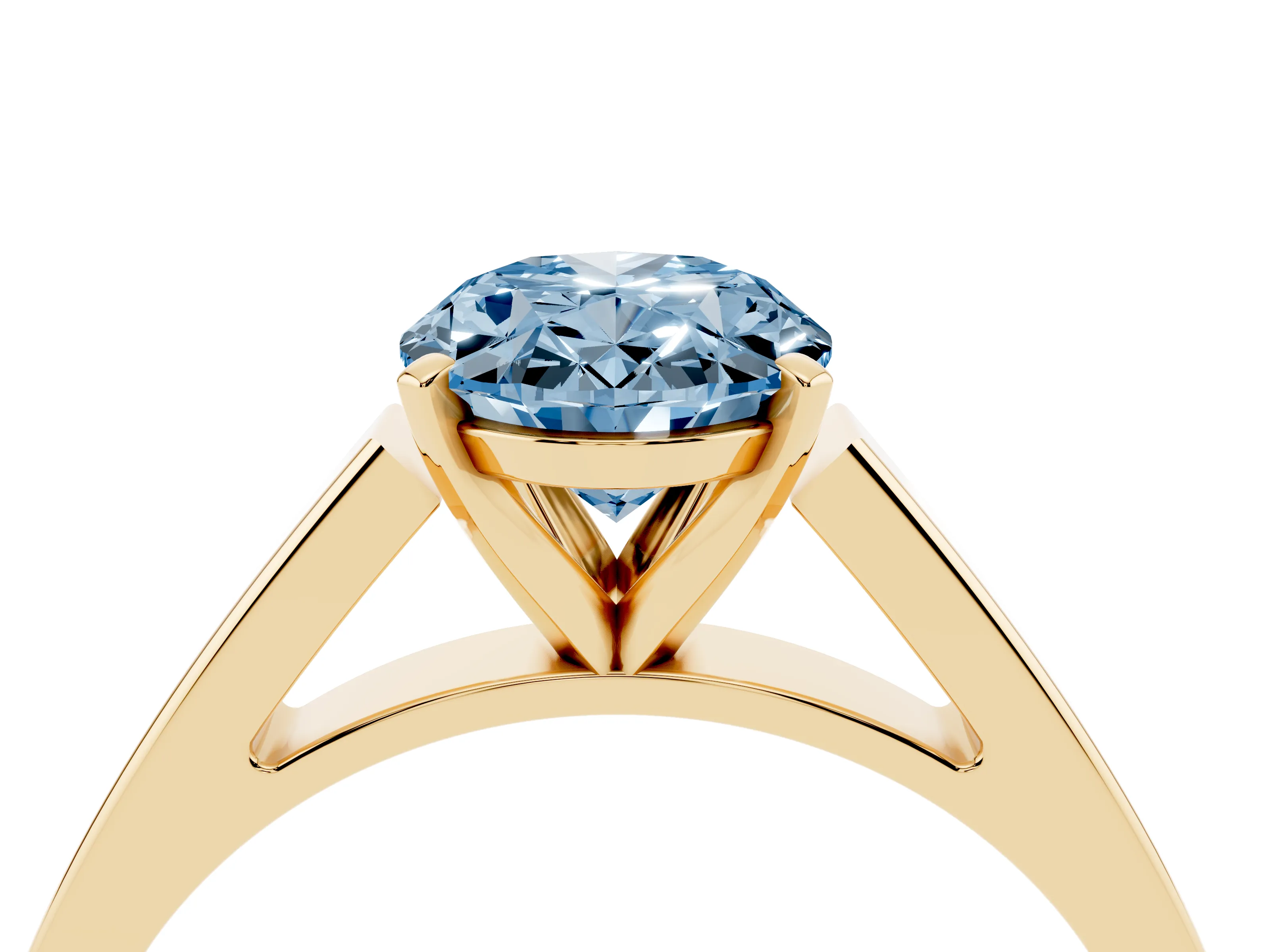 Fancy Blue Oval Cut Diamond Solitaire Engagement Ring Set in Yellow gold with Prong Setting and Tapered Band
