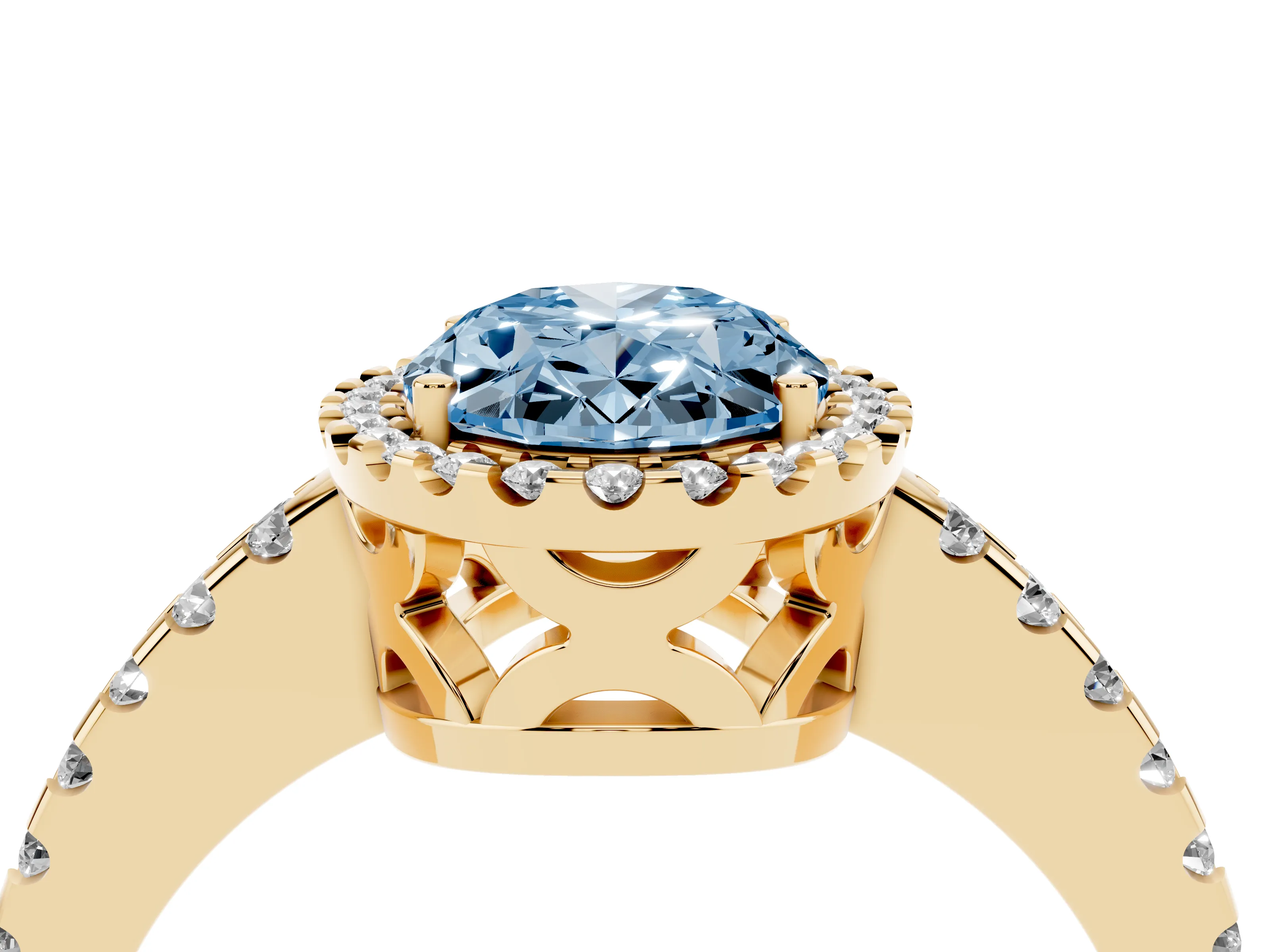 Fancy Blue Oval Cut Diamond Halo Ring Set in Yellow gold with Pavé Shoulders and Halo-Framed Center