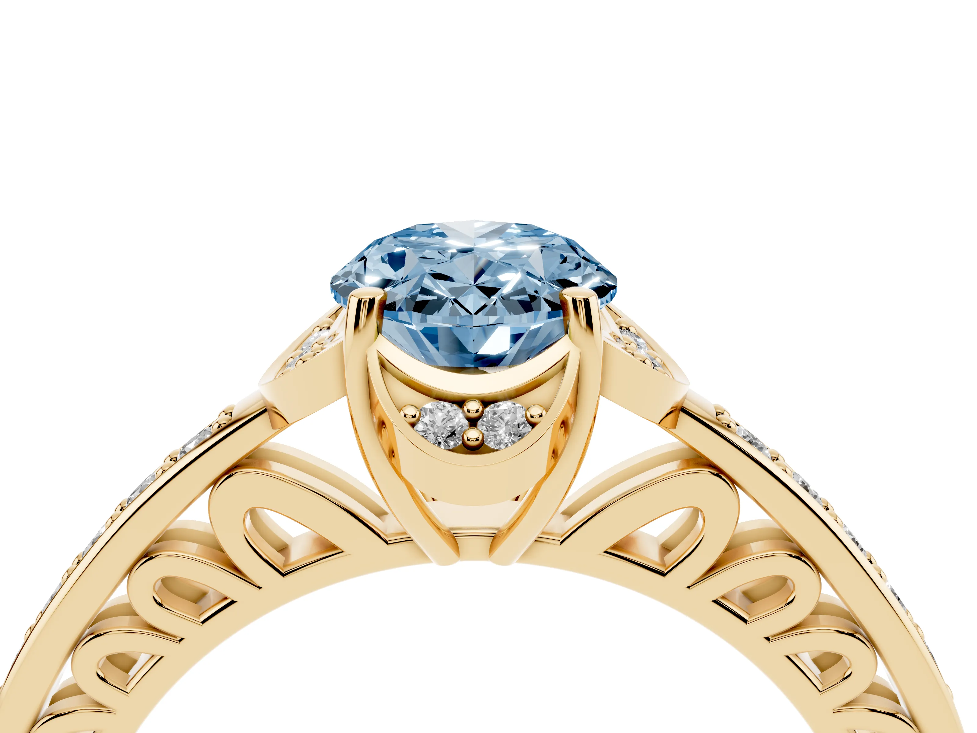 Fancy Blue Oval Cut Diamond Halo Ring Set in Yellow gold with Channel Set Band and Prong Setting