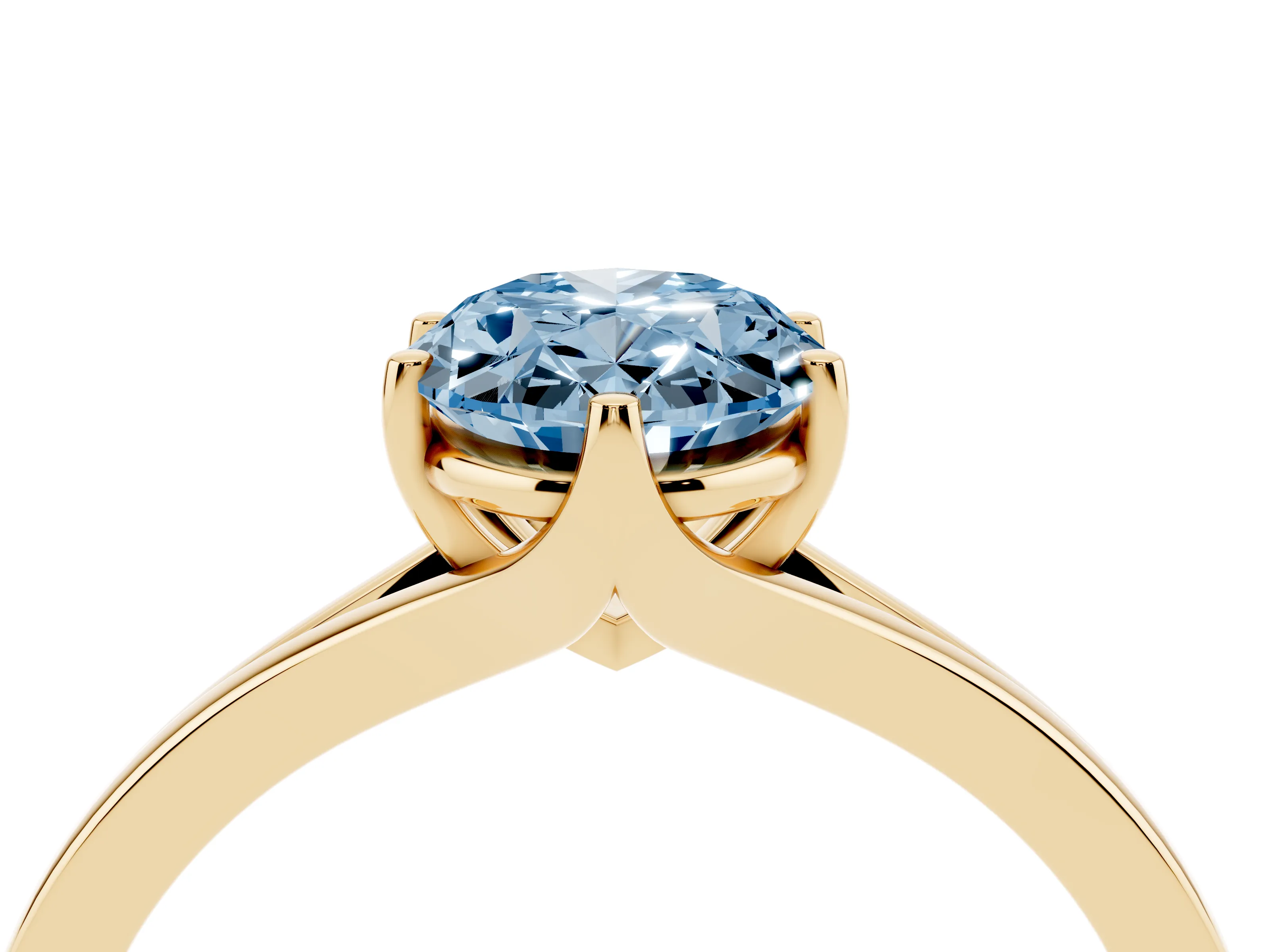 Fancy Blue Oval Cut Diamond Solitaire Ring Set in Yellow gold with Polished Tapered Band and Prong Setting
