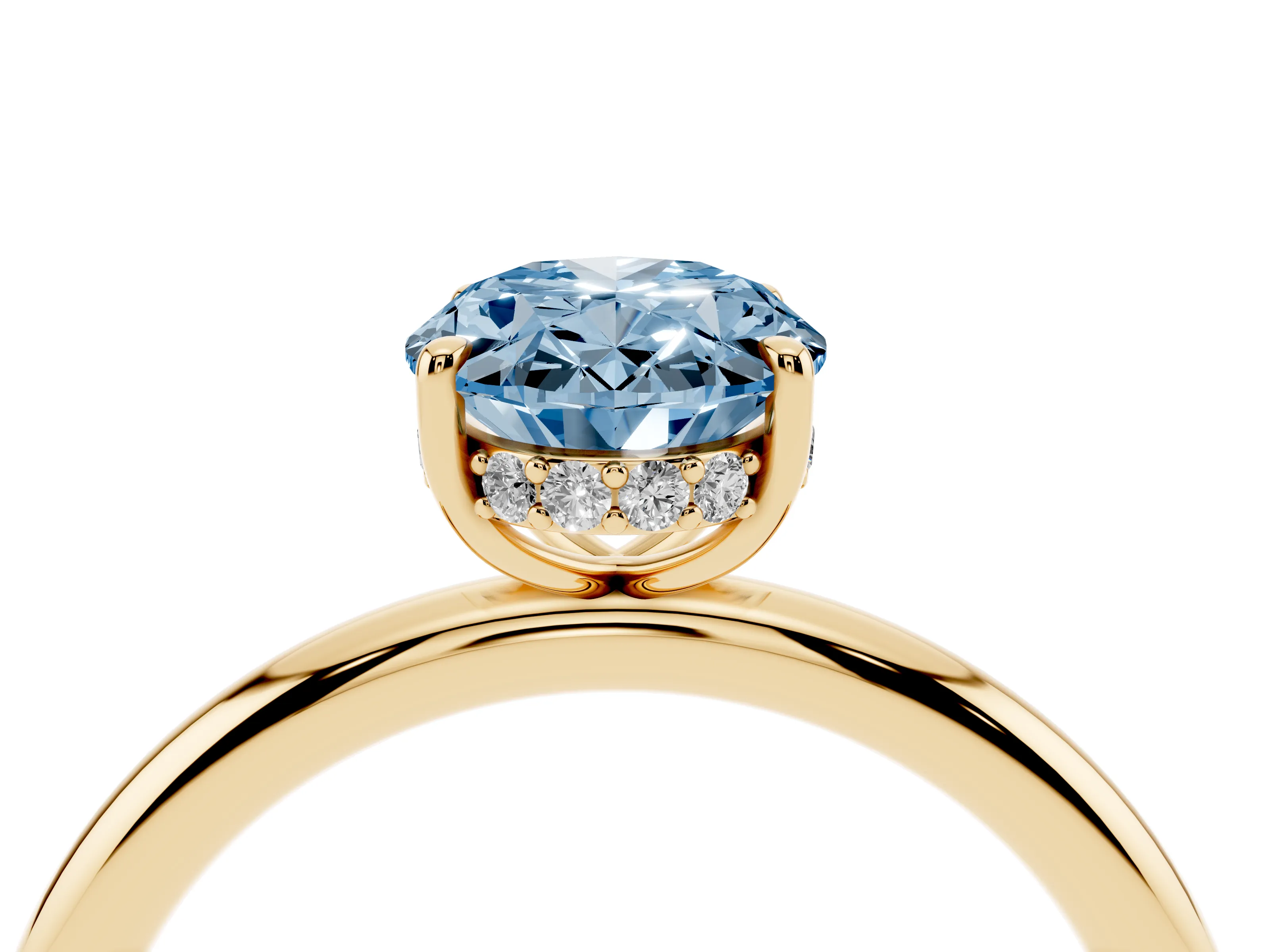 Fancy Blue Oval Cut Diamond Solitaire Ring Set in Yellow gold with Thin Band and Prong Setting