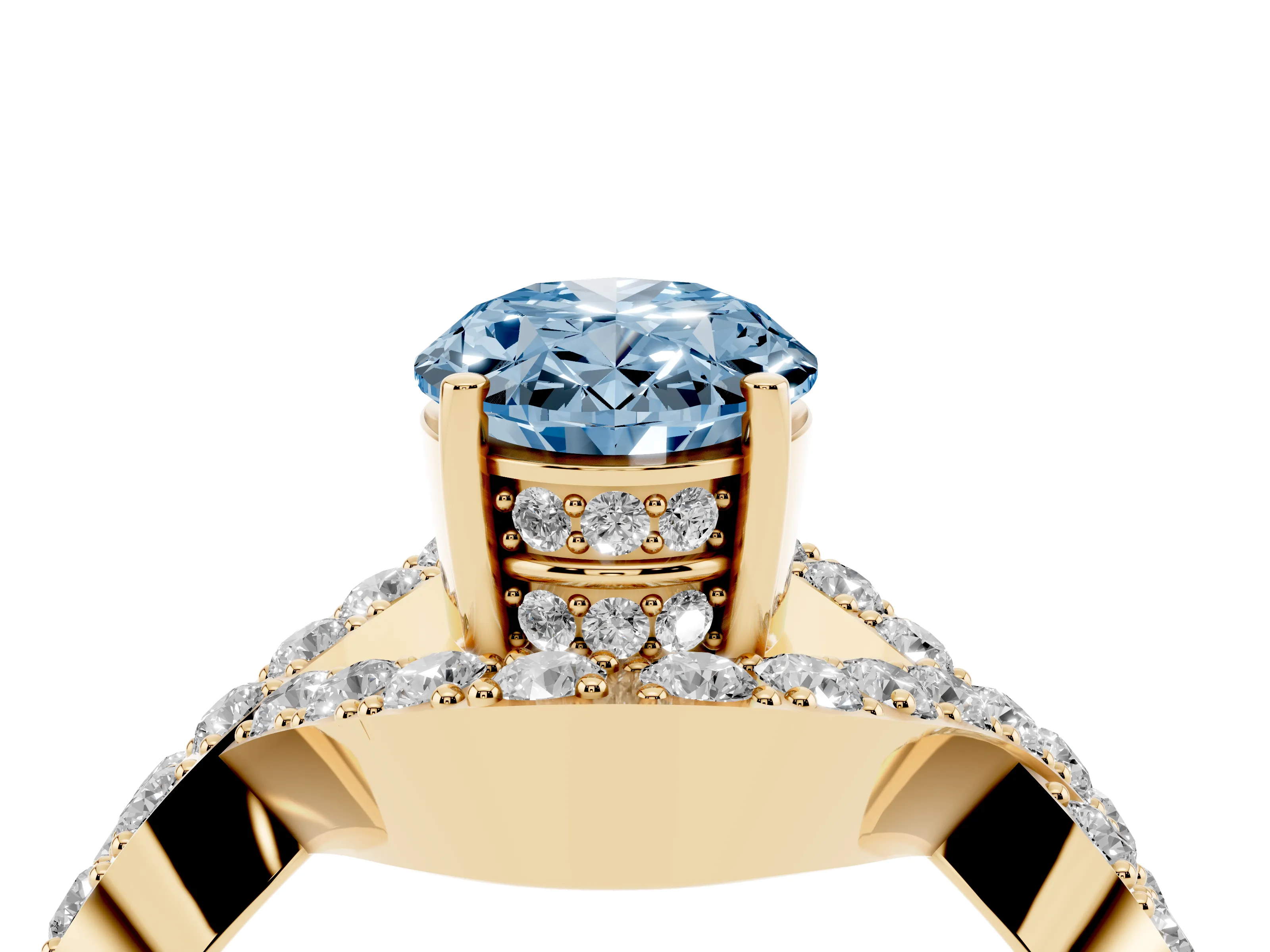 Fancy Blue Oval Cut Diamond Solitaire Twist Band Pavé Engagement Ring Set in Yellow gold
