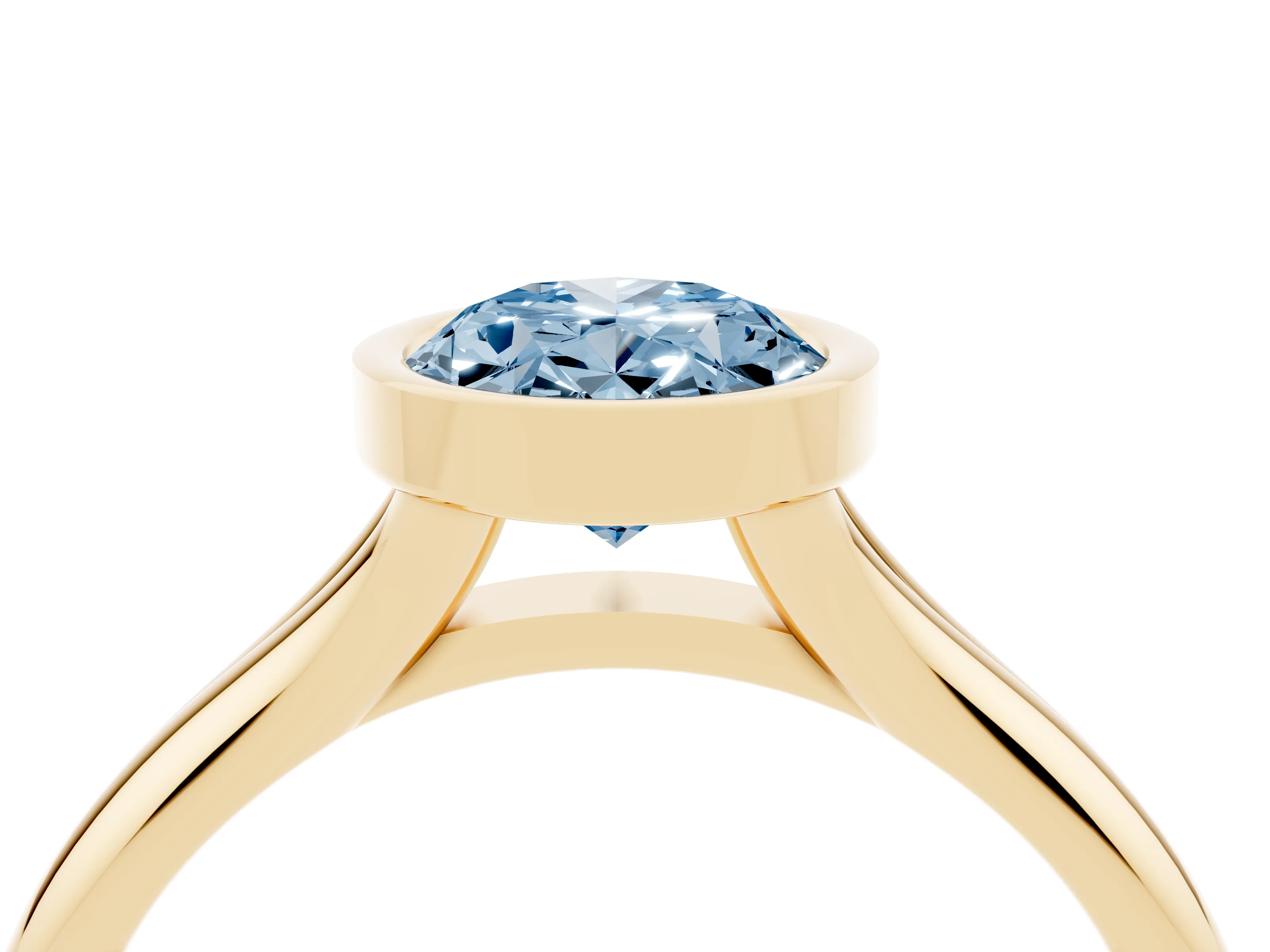 Fancy Blue Bezel Set Oval Cut Diamond Solitaire Ring Set in Yellow gold with Smooth Band