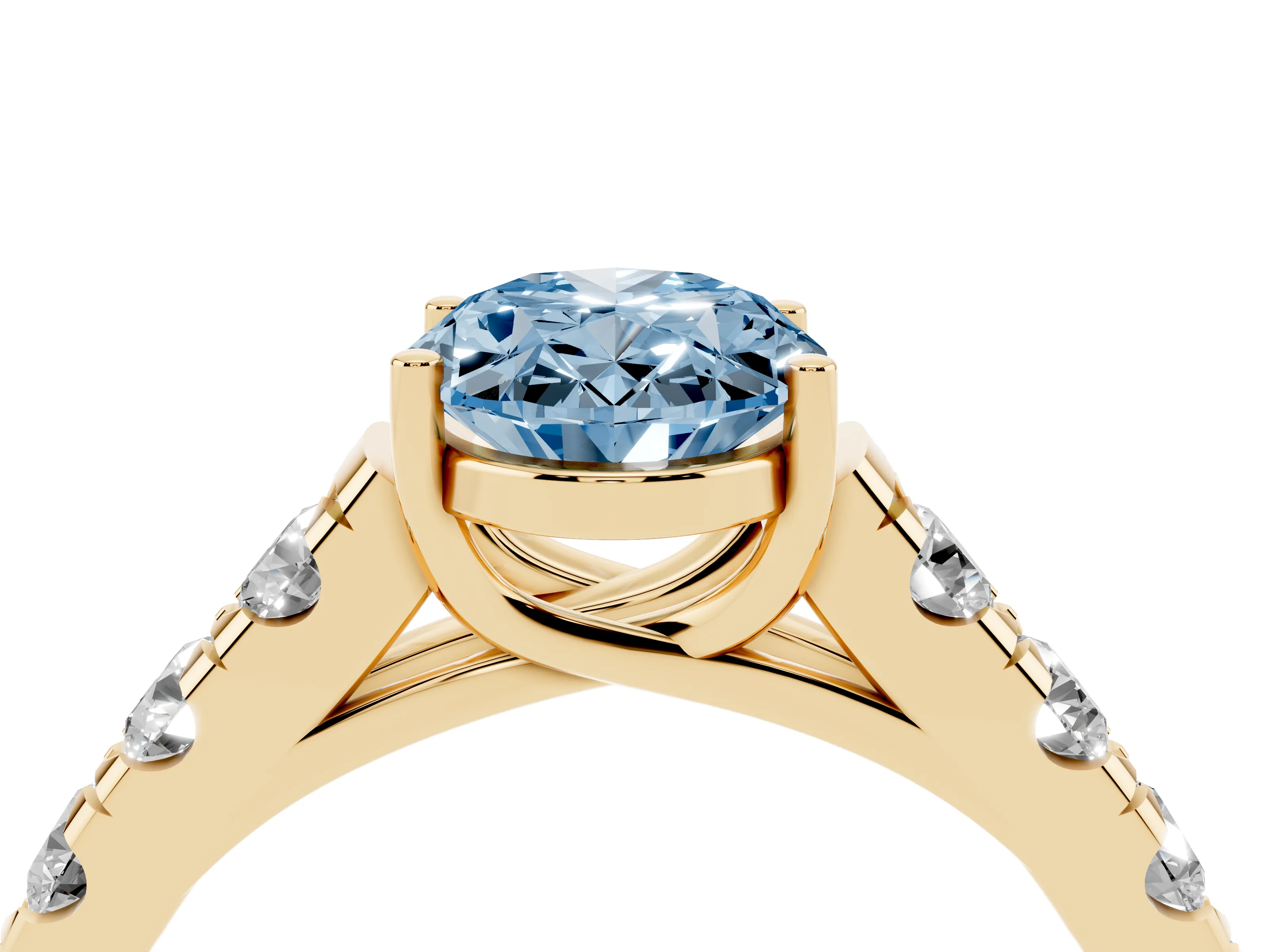 Fancy Blue Oval Cut Diamond Solitaire Ring Set in Yellow gold with Cut-Down Micro Pavé Band and Prong Setting