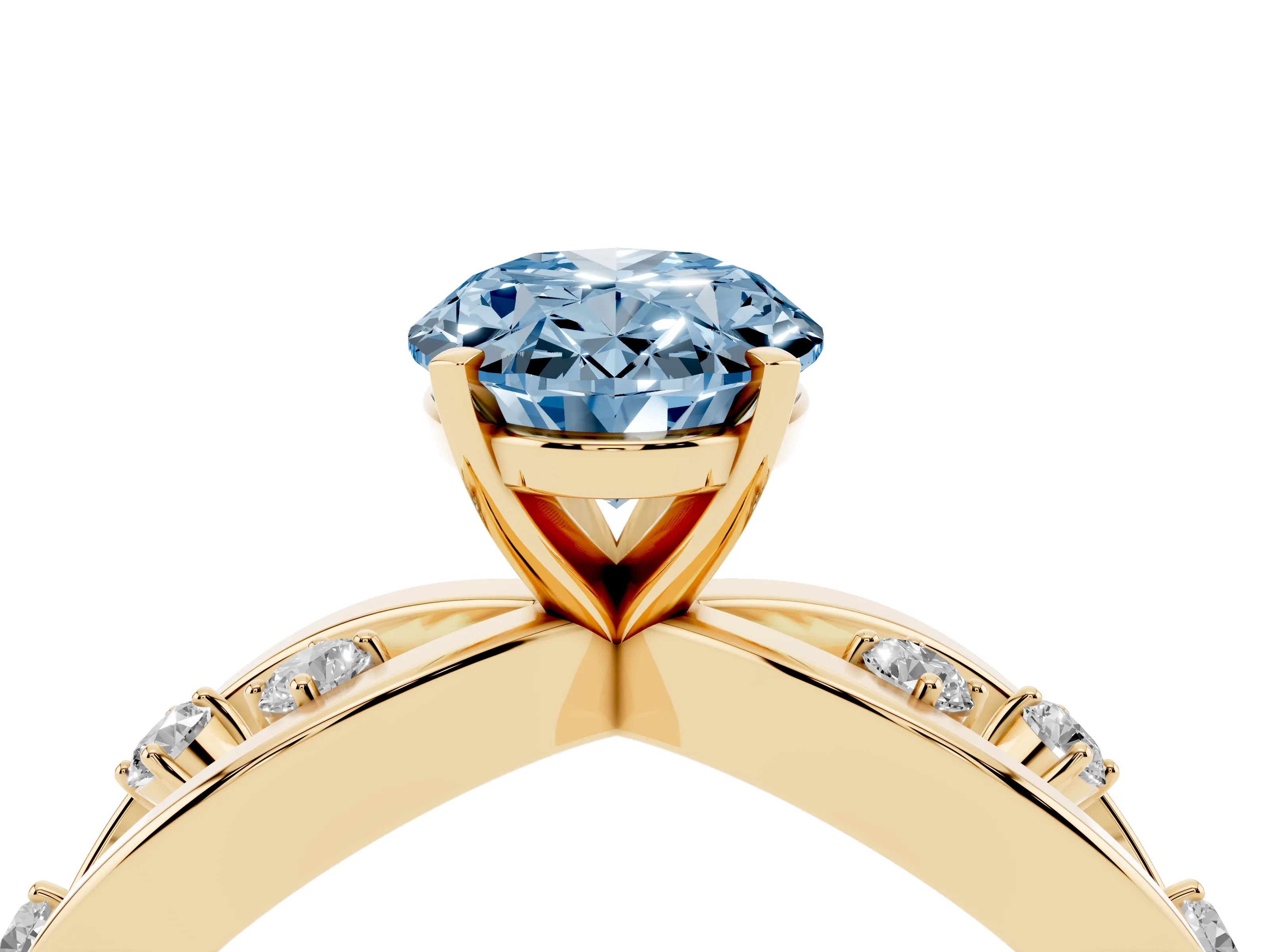 Fancy Blue Oval Cut Diamond Solitaire Ring Set in Yellow gold with Side Stones on Criss-Cross Band and Prong Setting
