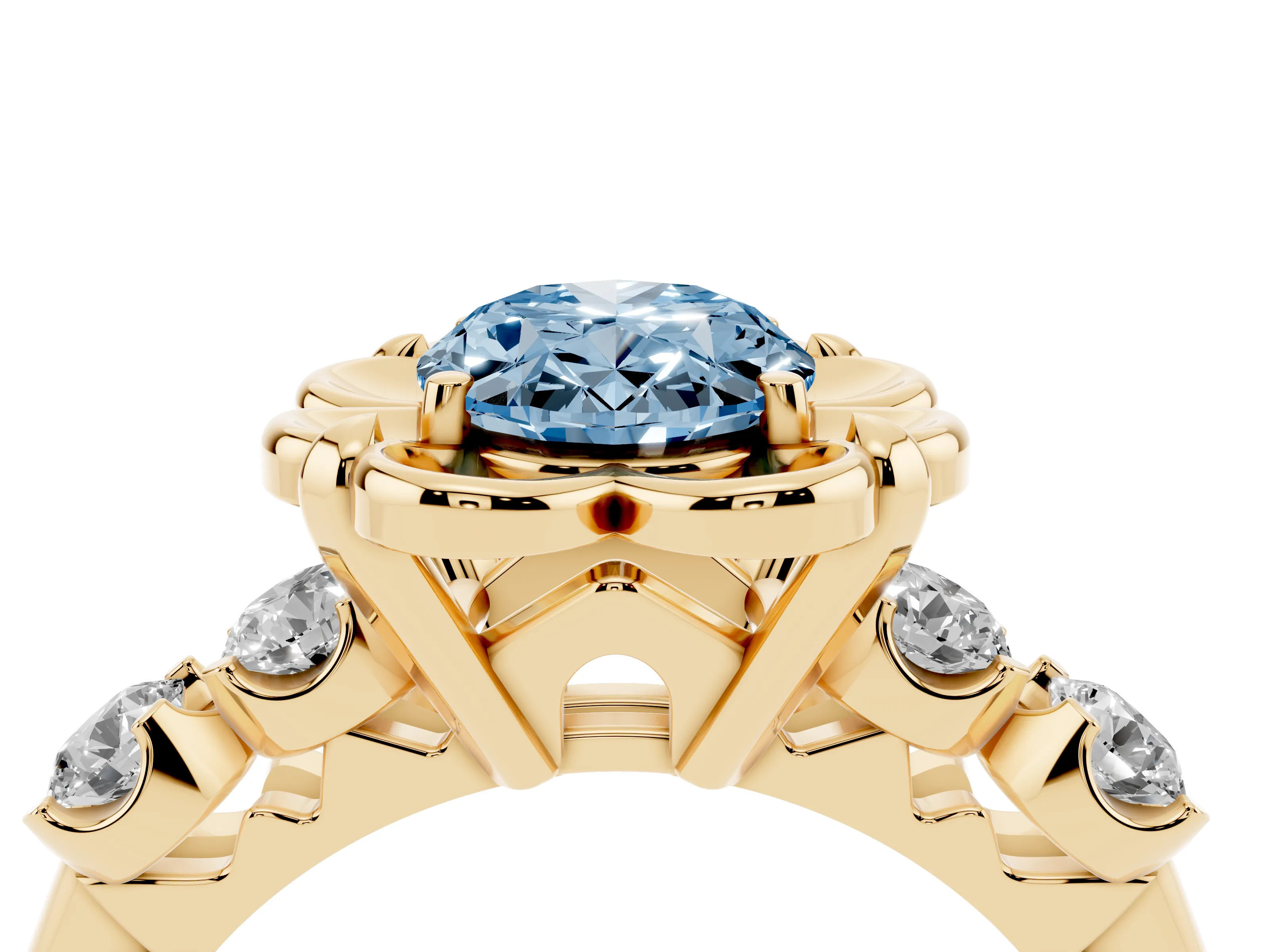 Fancy Blue Oval Cut Diamond Floral Halo Ring Set in Yellow gold with Shared Prong Band