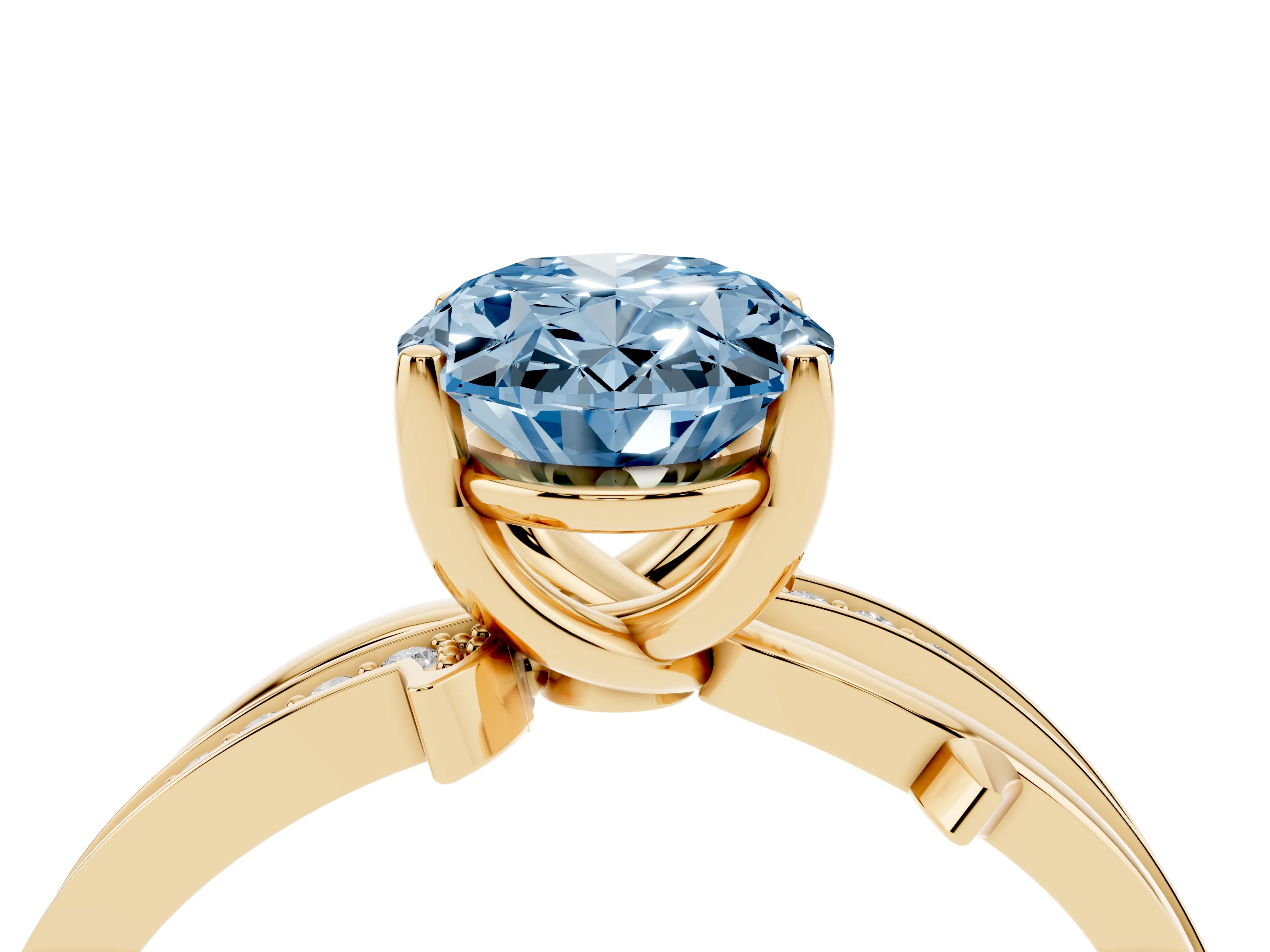 Fancy Blue Oval Cut Diamond Pavé Twist Band Solitaire Ring Set in Yellow gold with Prong Setting