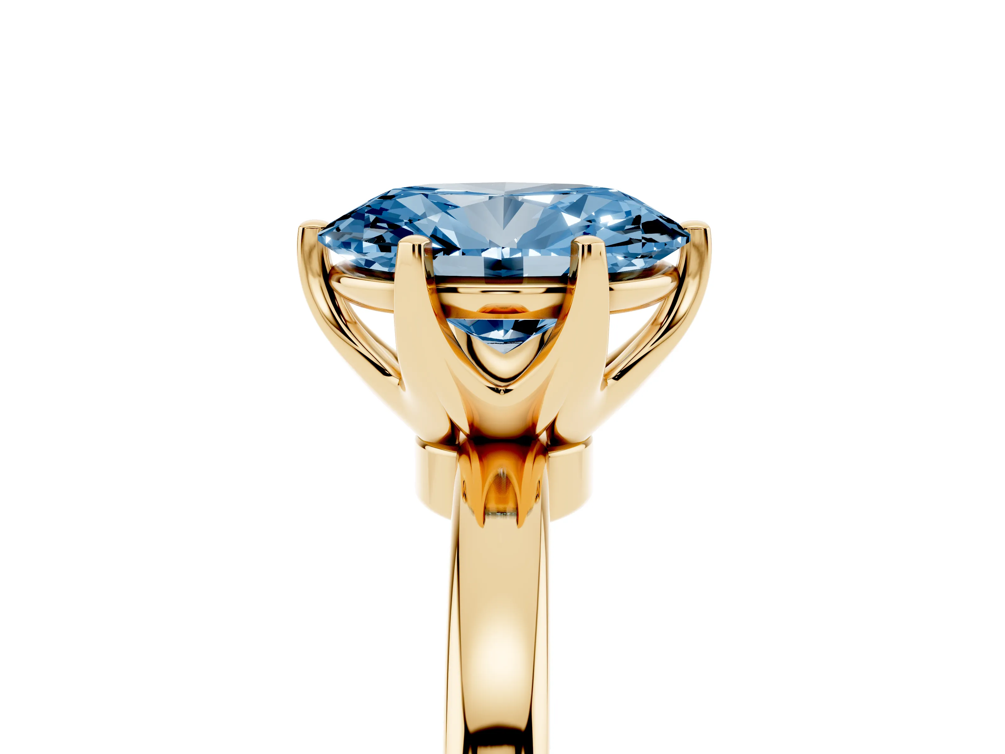 Fancy Blue Oval Cut Diamond Solitaire Ring Set in Yellow gold with Raised Prong Setting on a Classic Band
