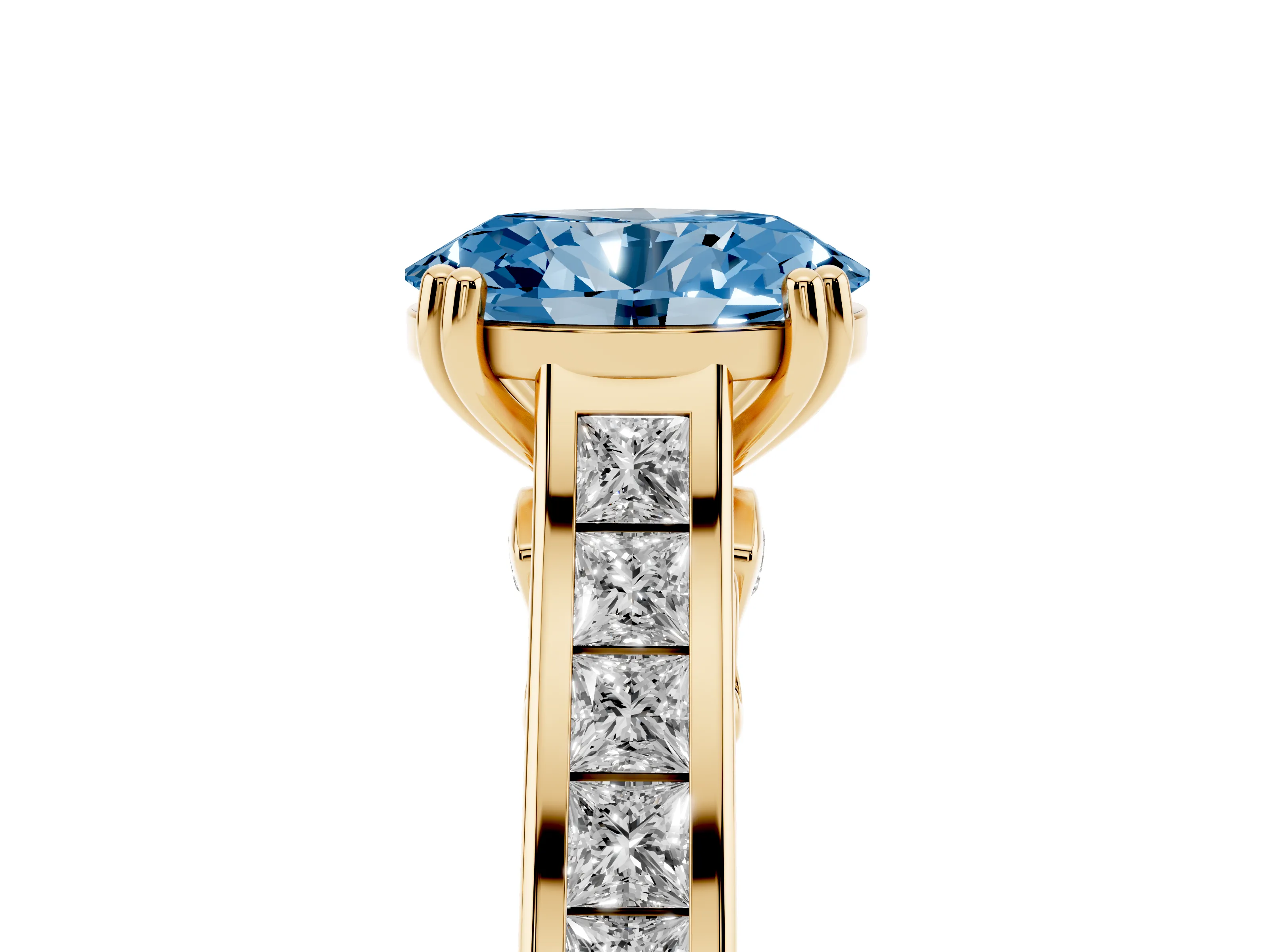 Fancy Blue Oval Cut Diamond Channel Set Solitaire Engagement Ring Set in Yellow gold with Prong Setting